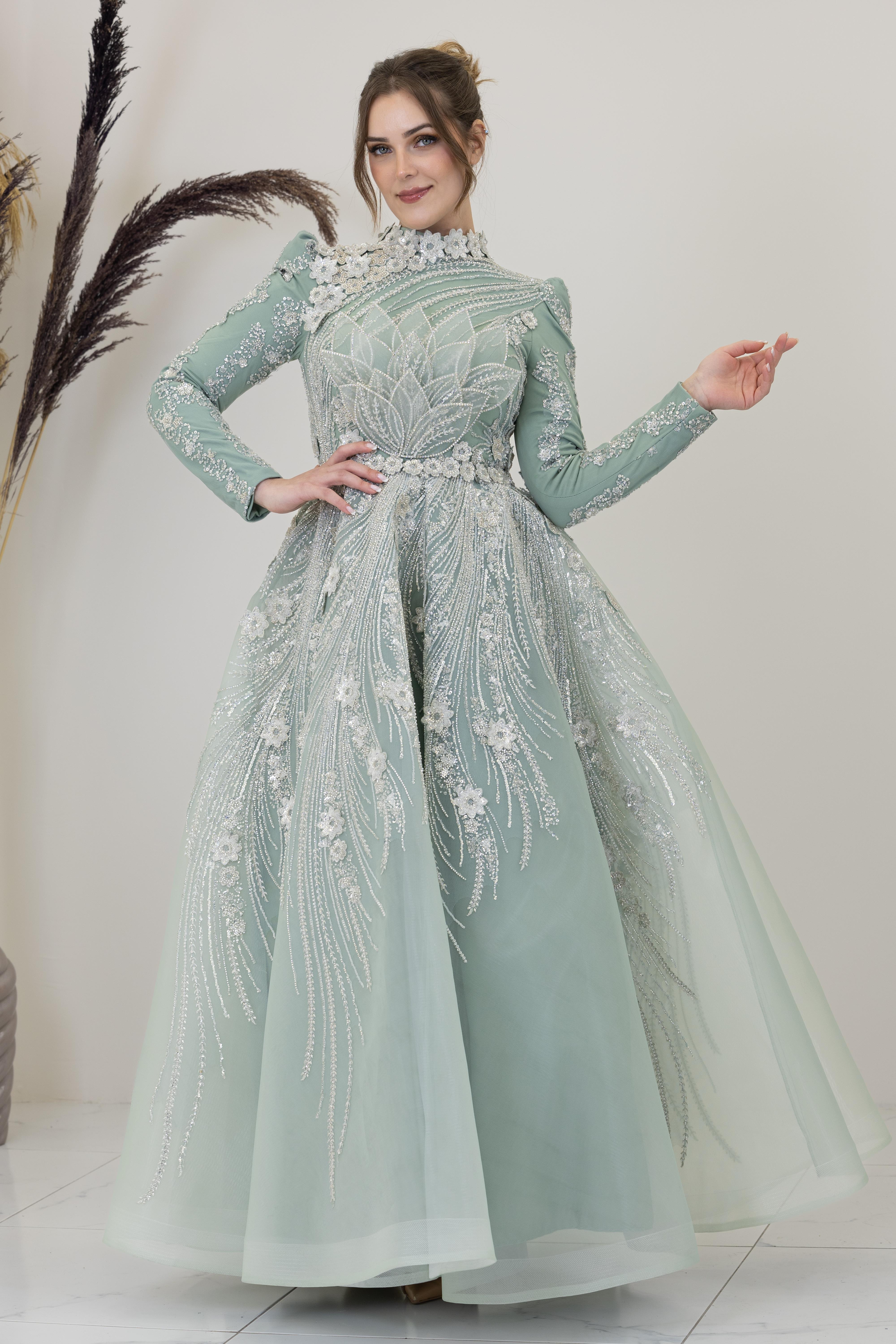 Önü Çiçek İşlemeli Lotus Abiye - Çağla