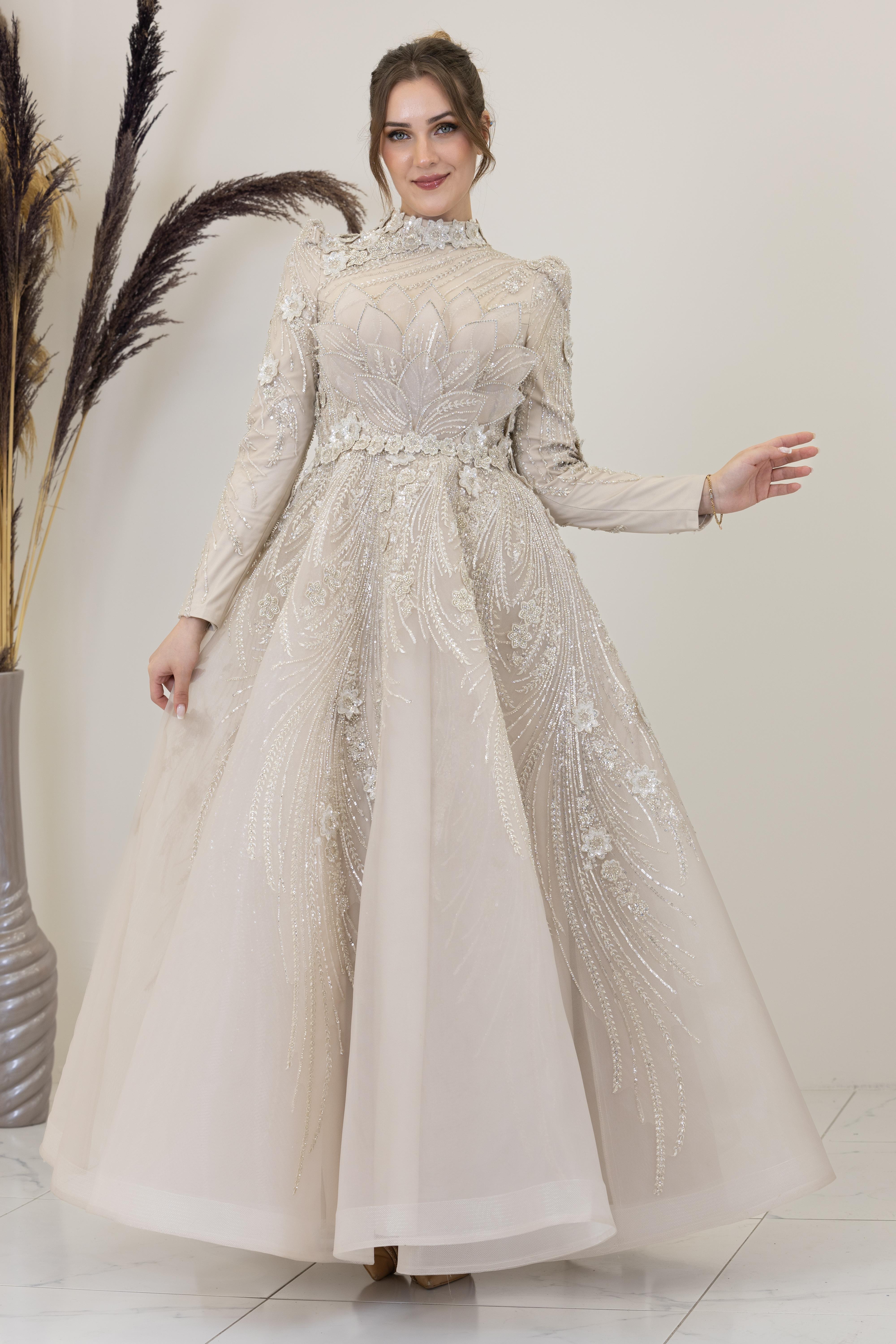 Önü Çiçek İşlemeli Lotus Abiye - Taş Rengi