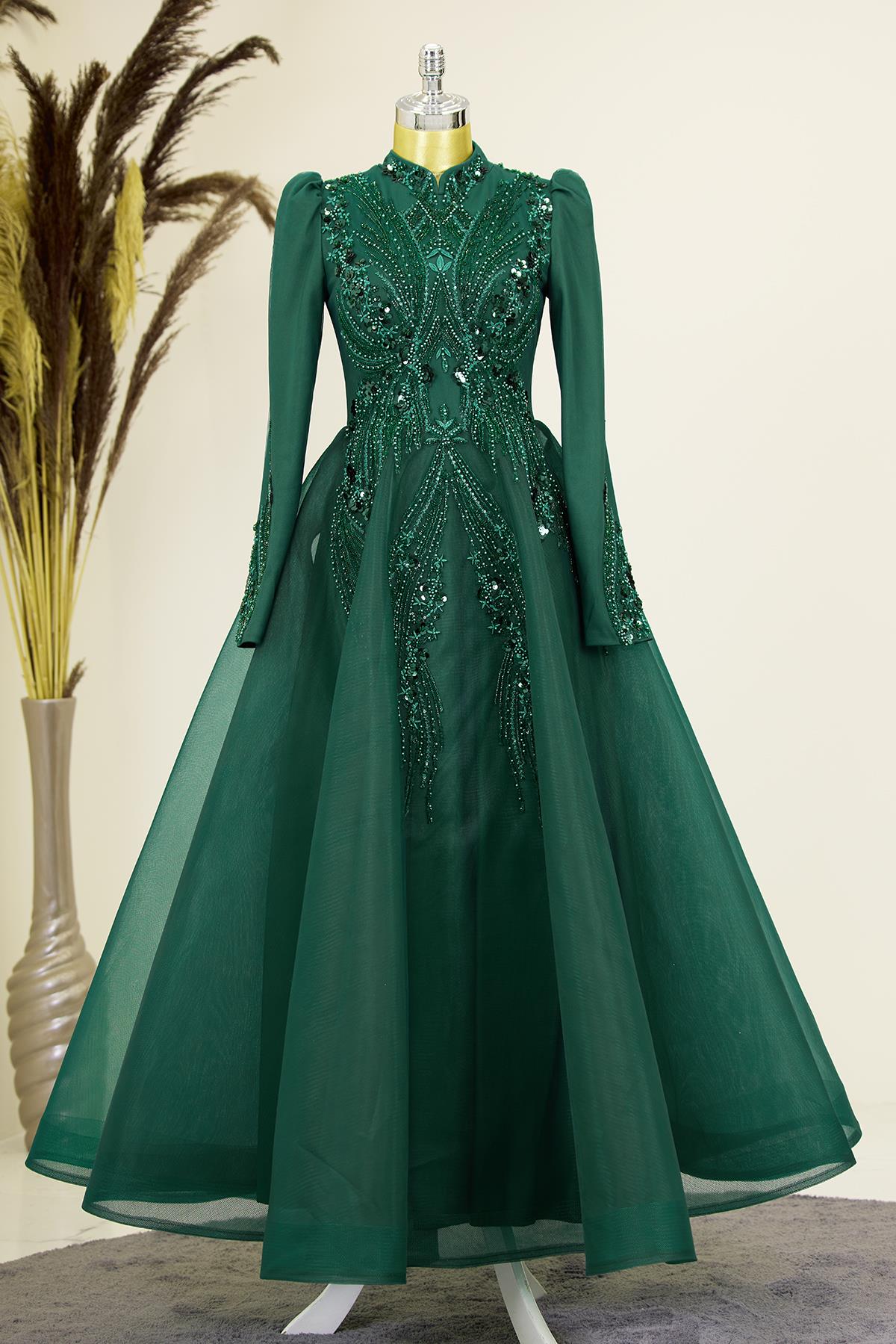 Önü Drapeli Aplik İşlemeli Asya  Abiye - Zümrüt Yeşili