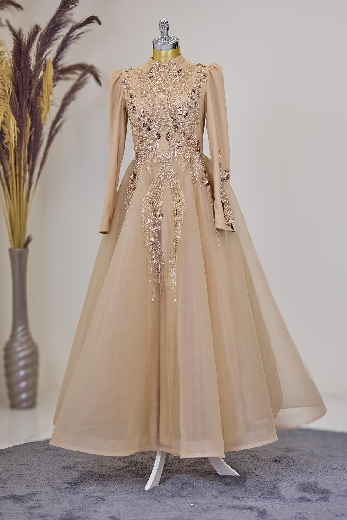 Önü Drapeli Aplik İşlemeli Asya  Abiye - Gold