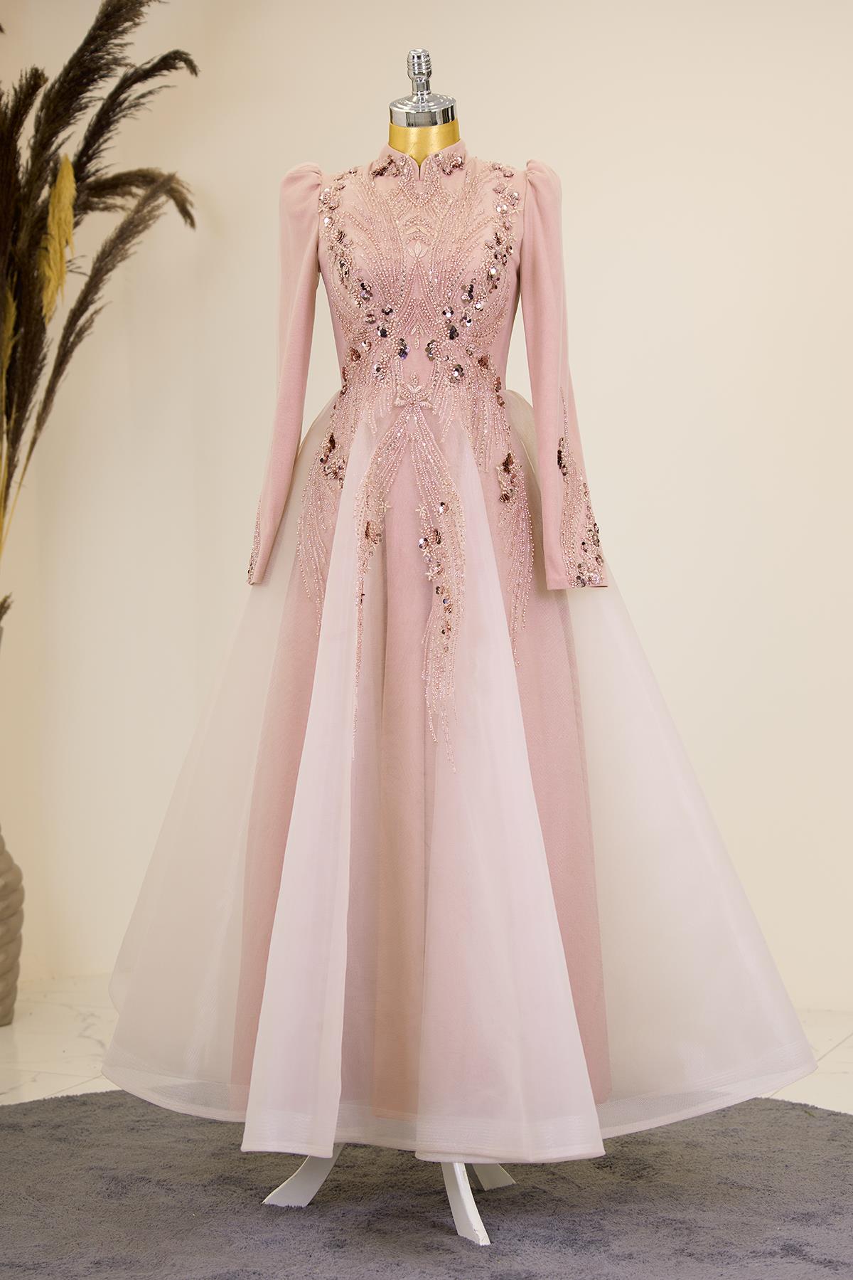 Önü Drapeli Aplik İşlemeli Asya  Abiye - Somon