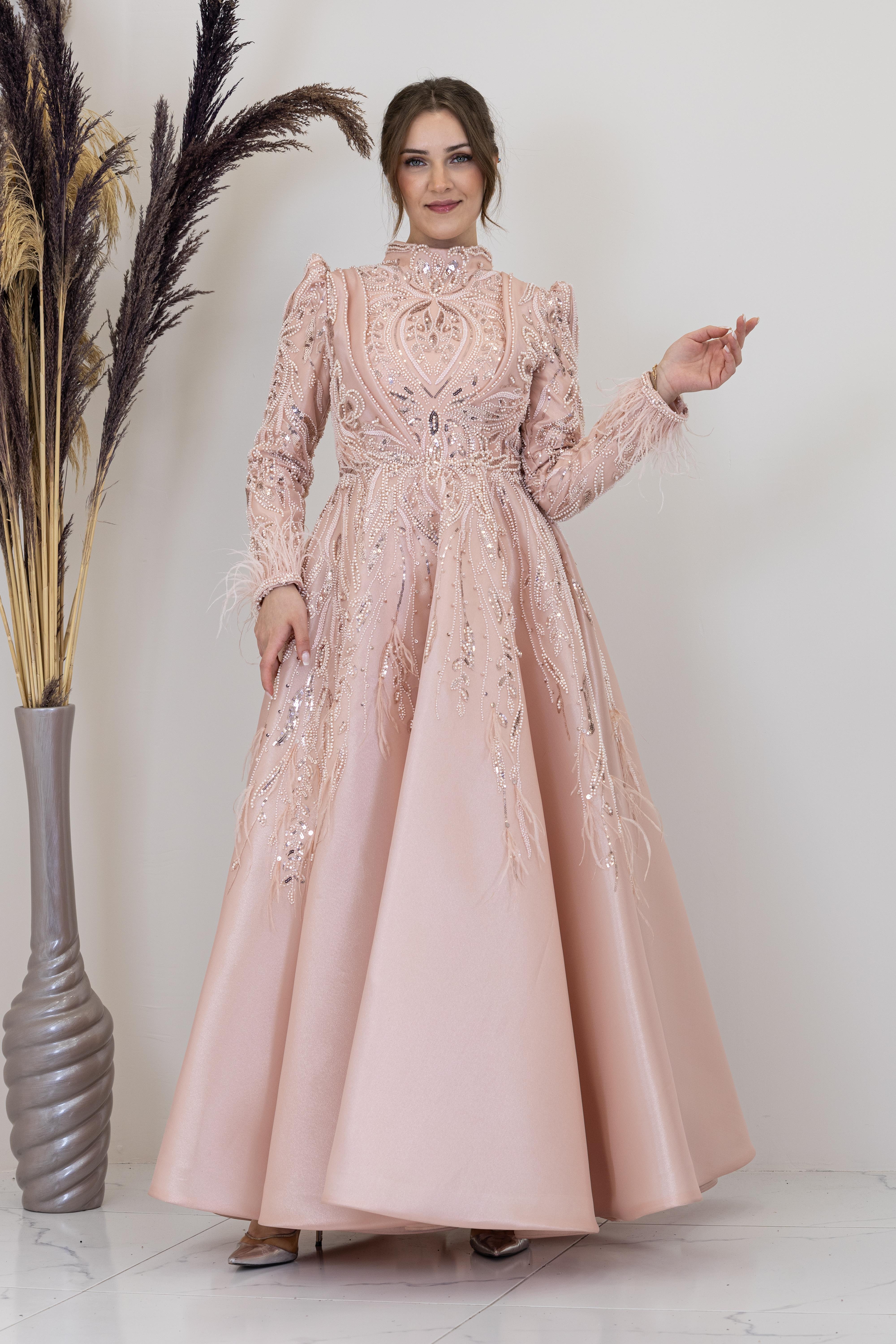 Önü Drapeli Aplik İşlemeli Katre Abiye - Pudra