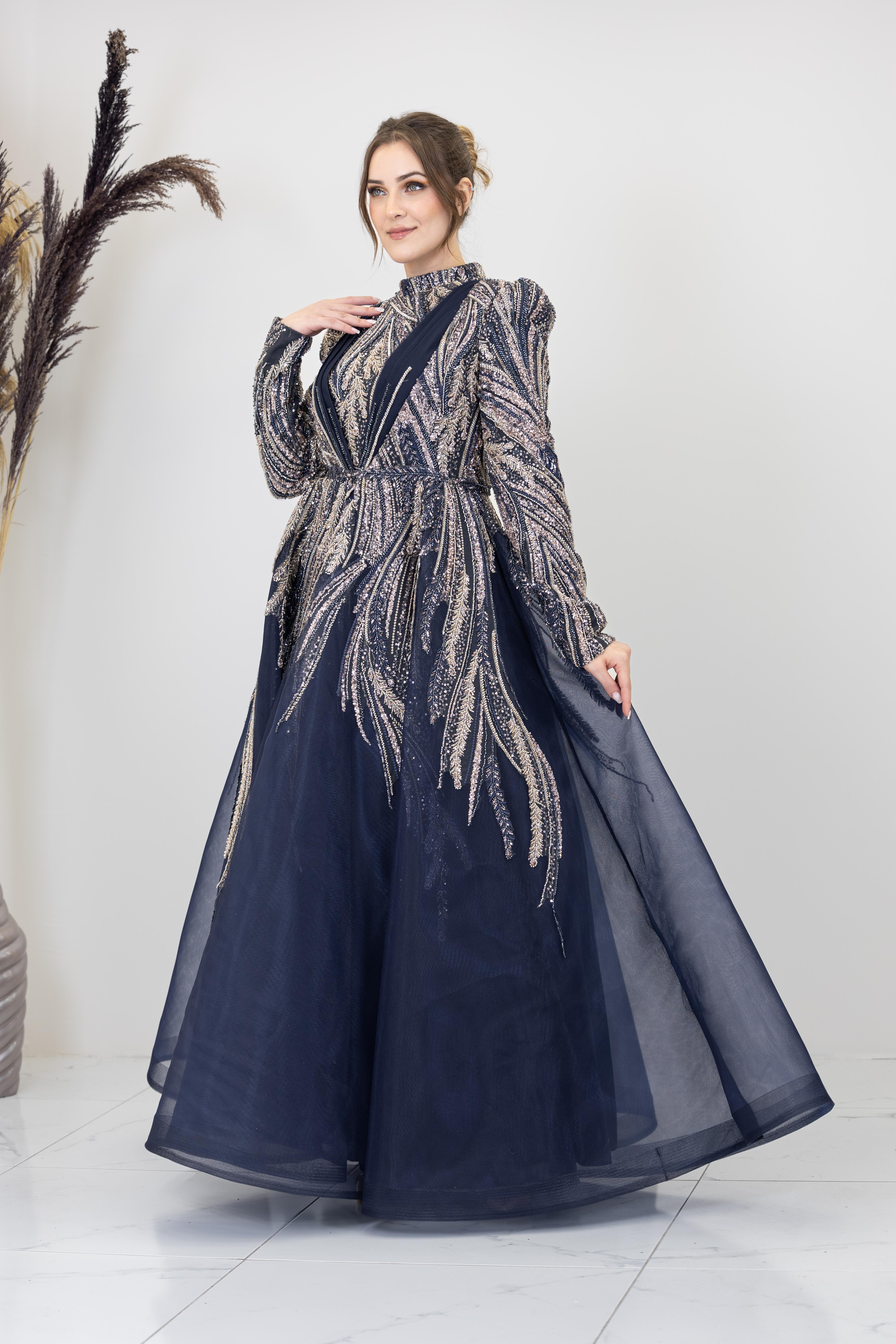 Önü Drapeli Aplik İşlemeli Kübra Abiye - Lacivert