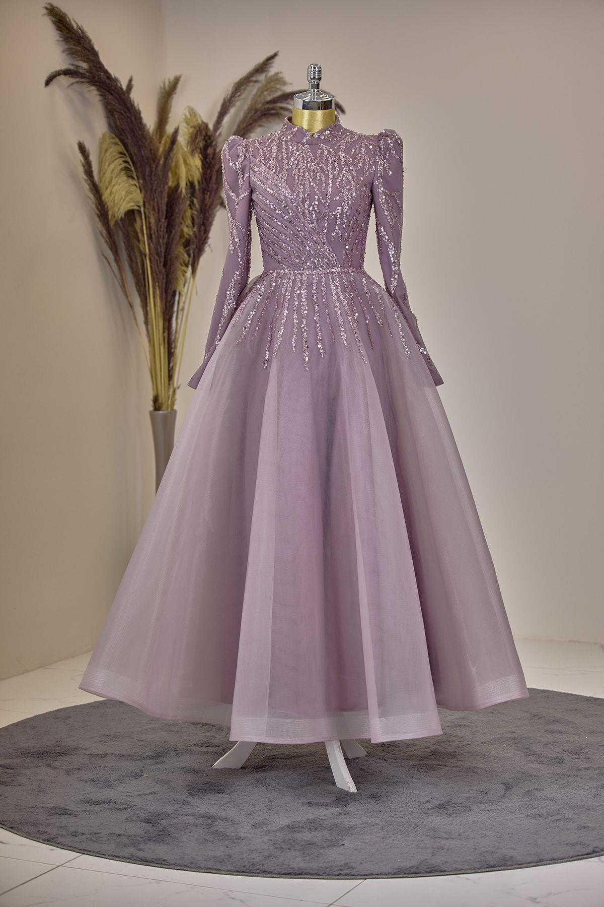 Önü Drapeli Aplik İşlemeli Mila Abiye - Lila