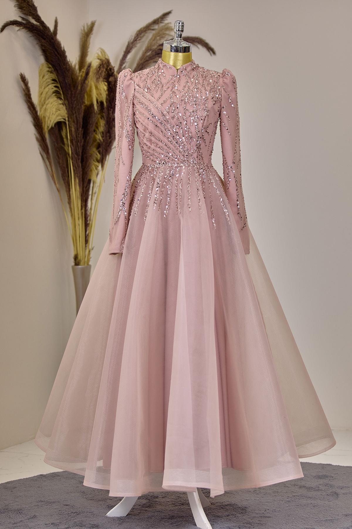 Önü Drapeli Aplik İşlemeli Mila Abiye - Somon