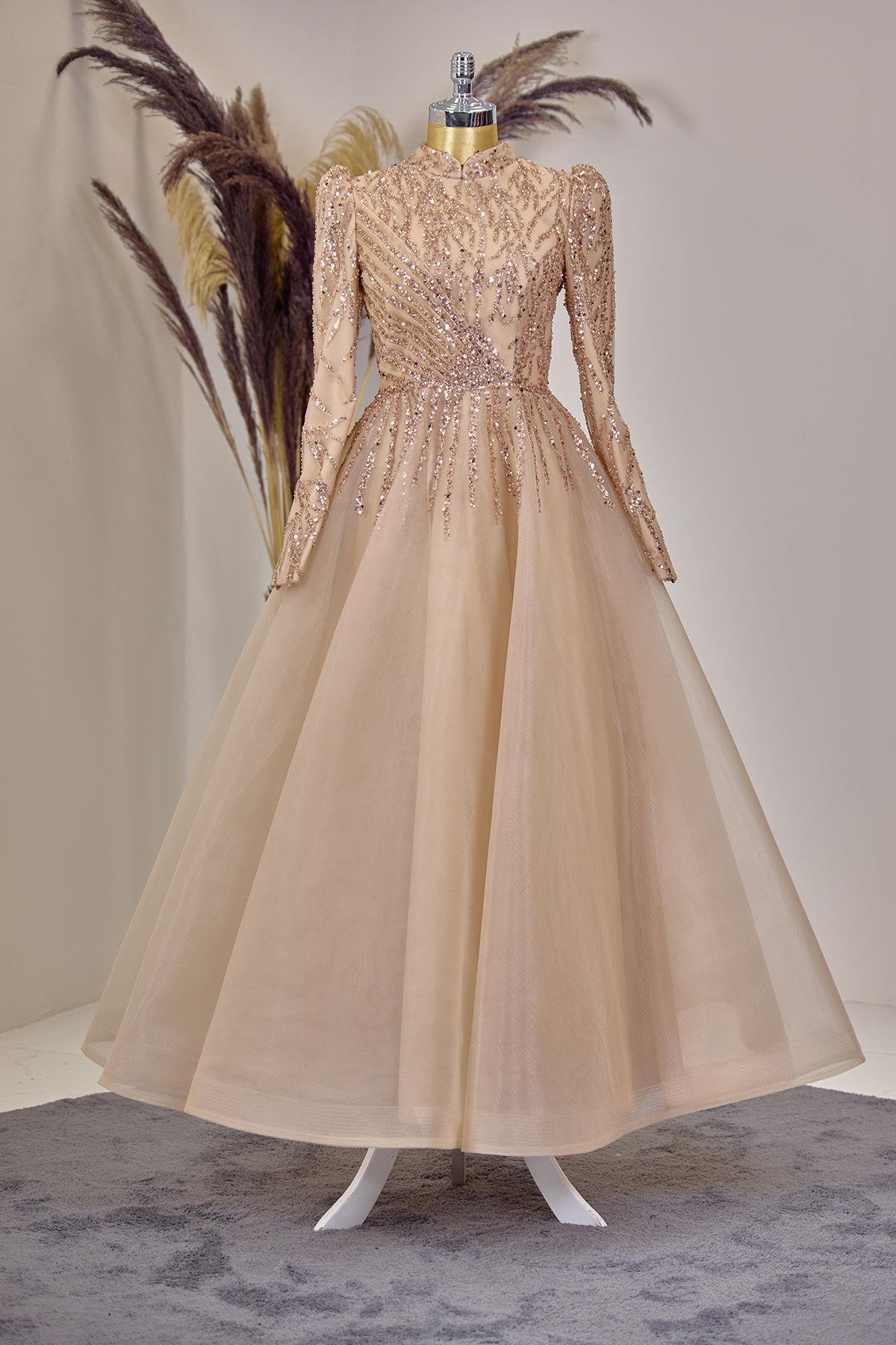 Önü Drapeli Aplik İşlemeli Mila Abiye - Gold