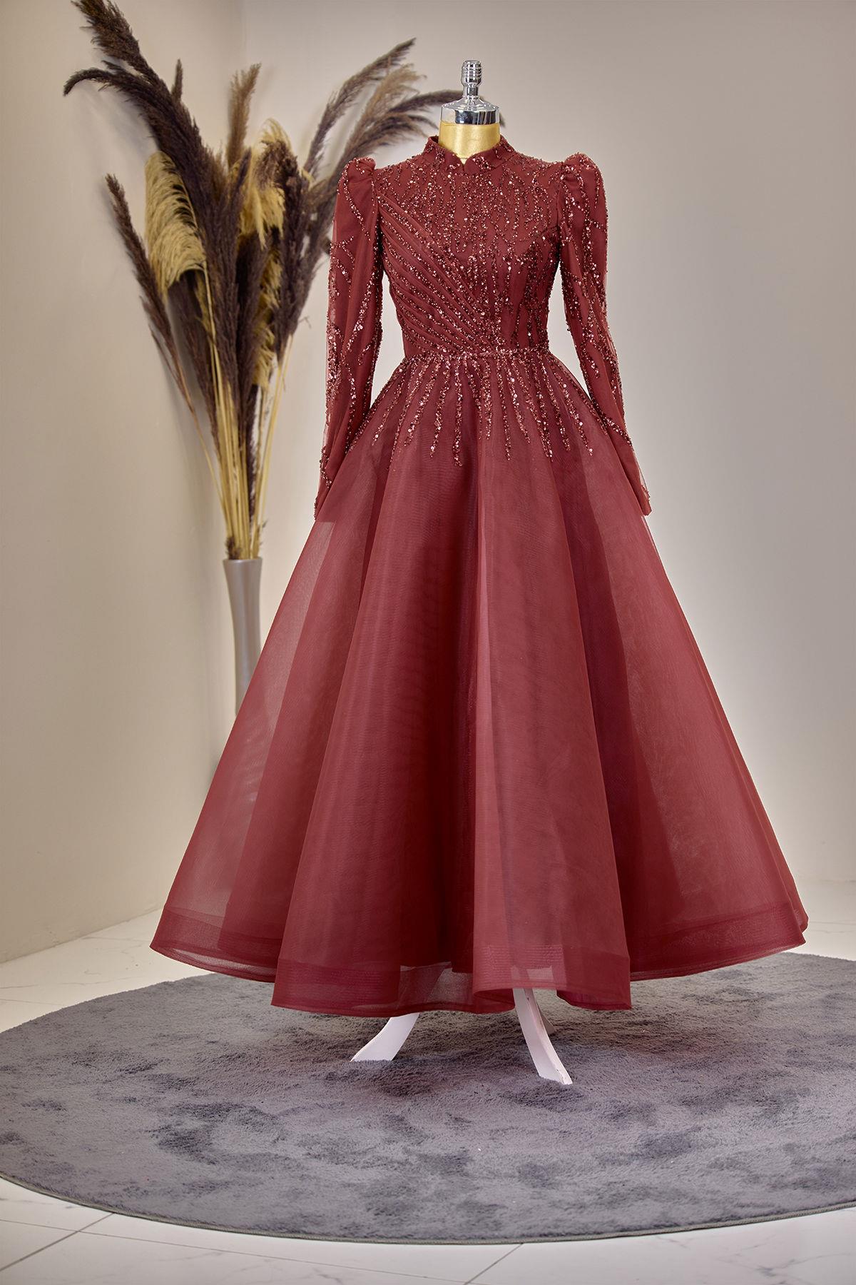 Önü Drapeli Aplik İşlemeli Mila Abiye - Bordo