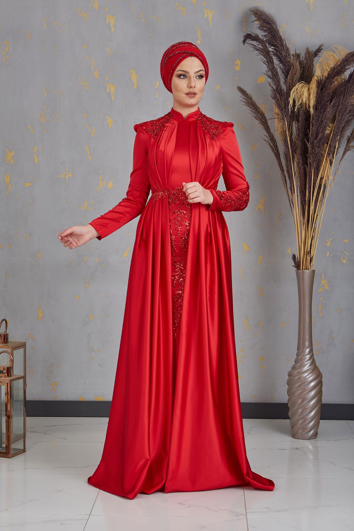 Önü Drapeli Aplikli Karaca Tesettür Abiye - Kırmızı