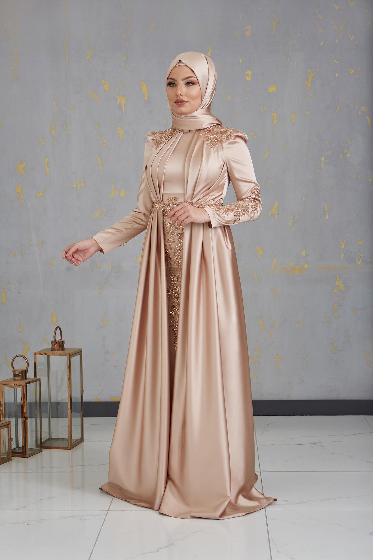 Önü Drapeli Aplikli Karaca Tesettür Abiye - Gold