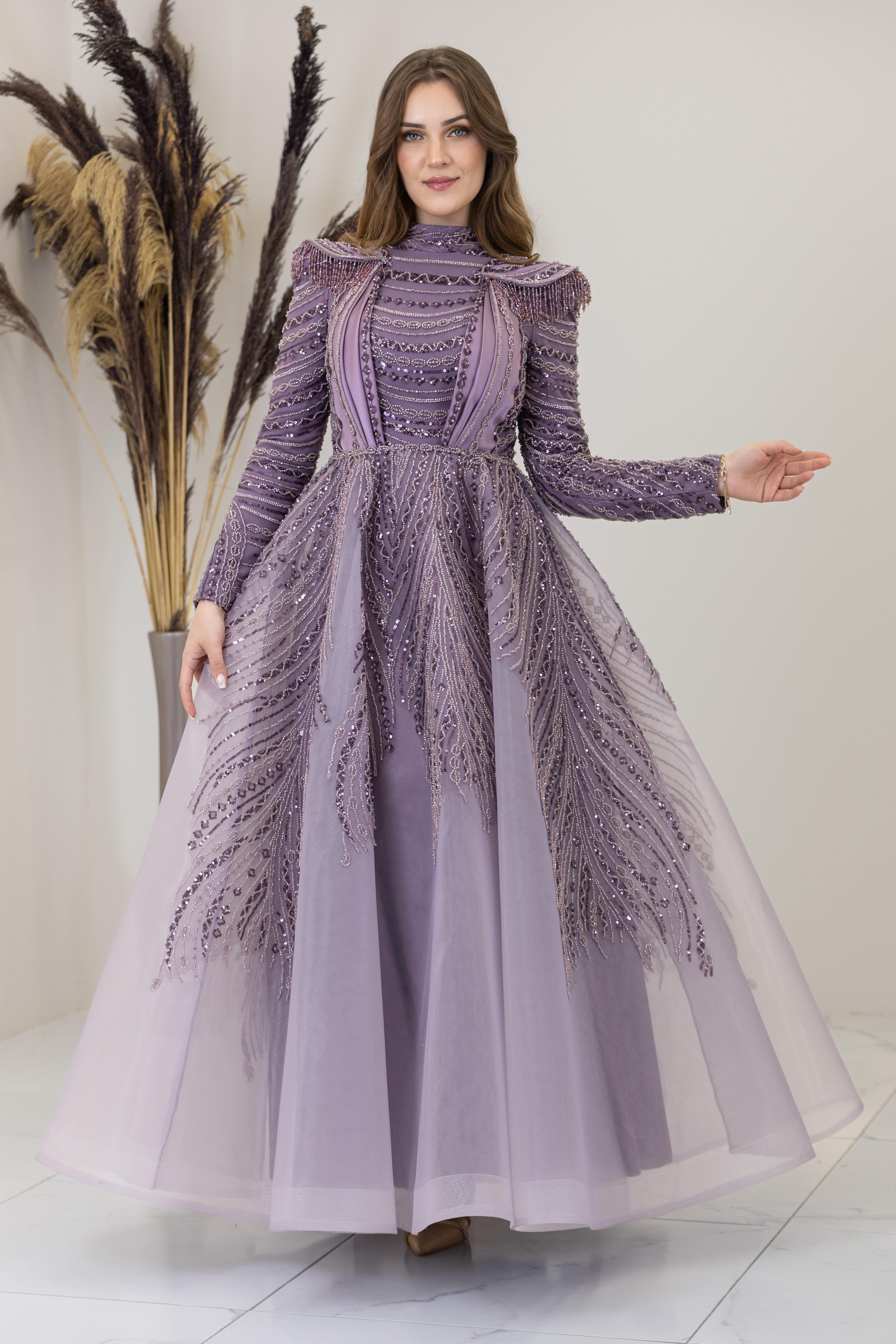 Önü Drapeli Omzu Boncuk Vatkalı Liyon Abiye - Lila