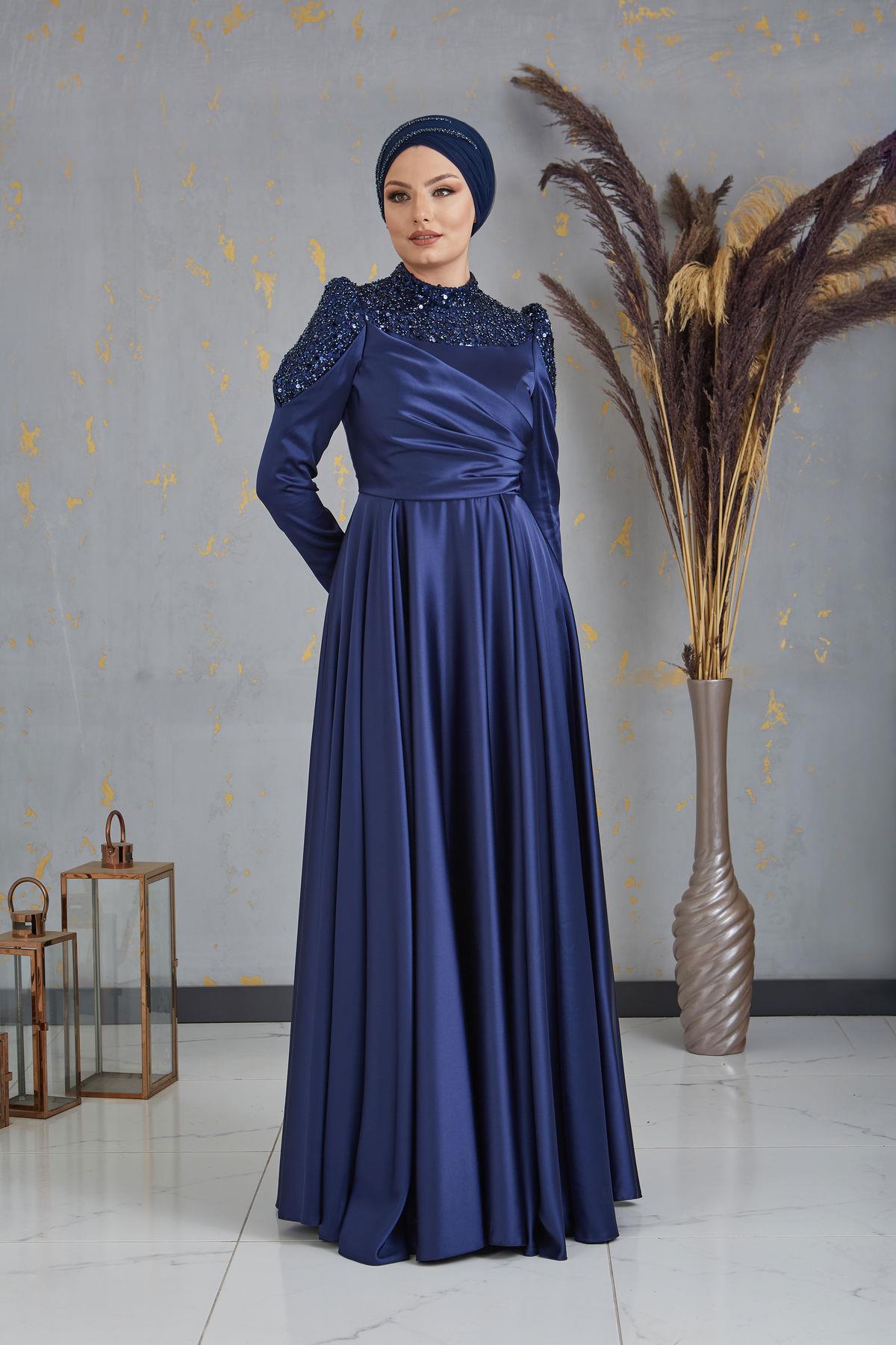 Önü Pul Boncuk İşlemeli Bersu Tesettür Abiye - Lacivert