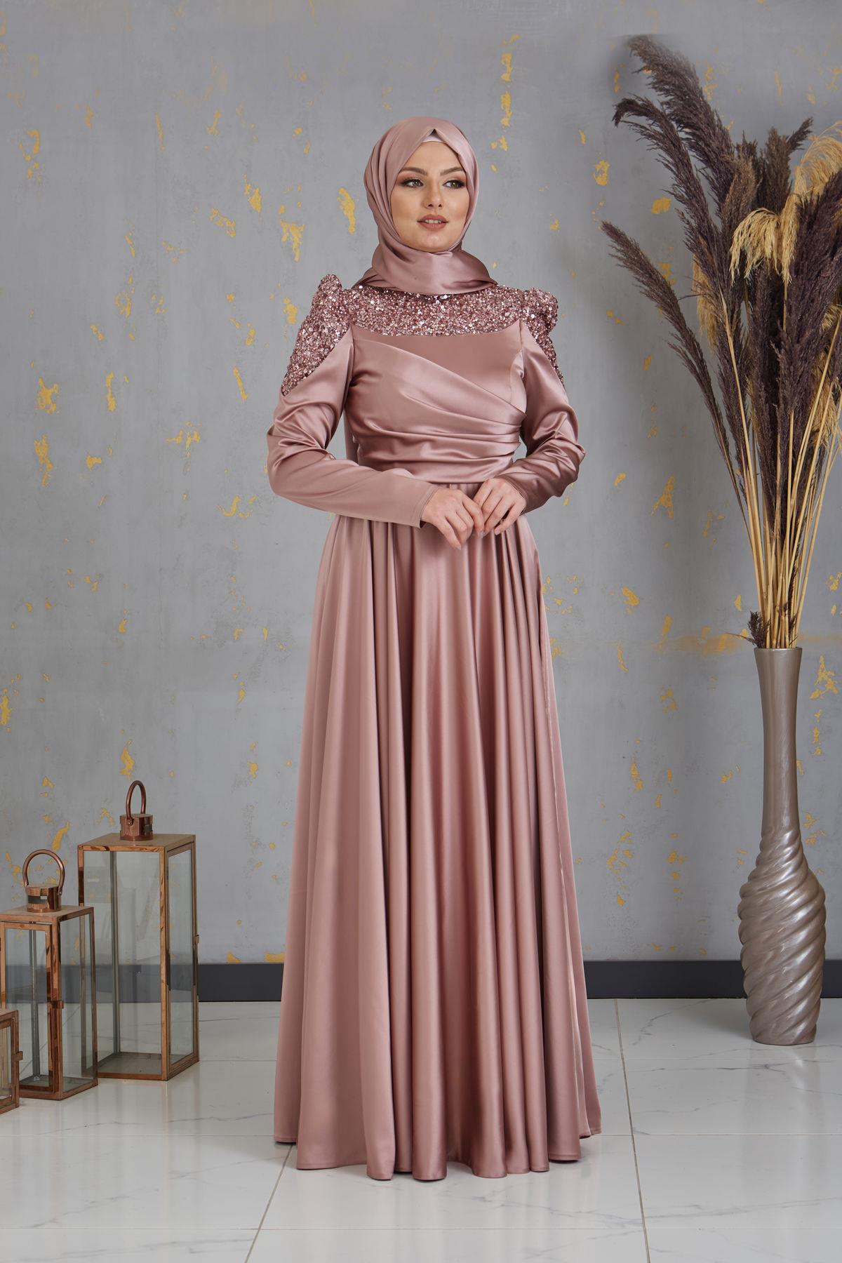 Önü Pul Boncuk İşlemeli Bersu Tesettür Abiye - Gül Kurusu