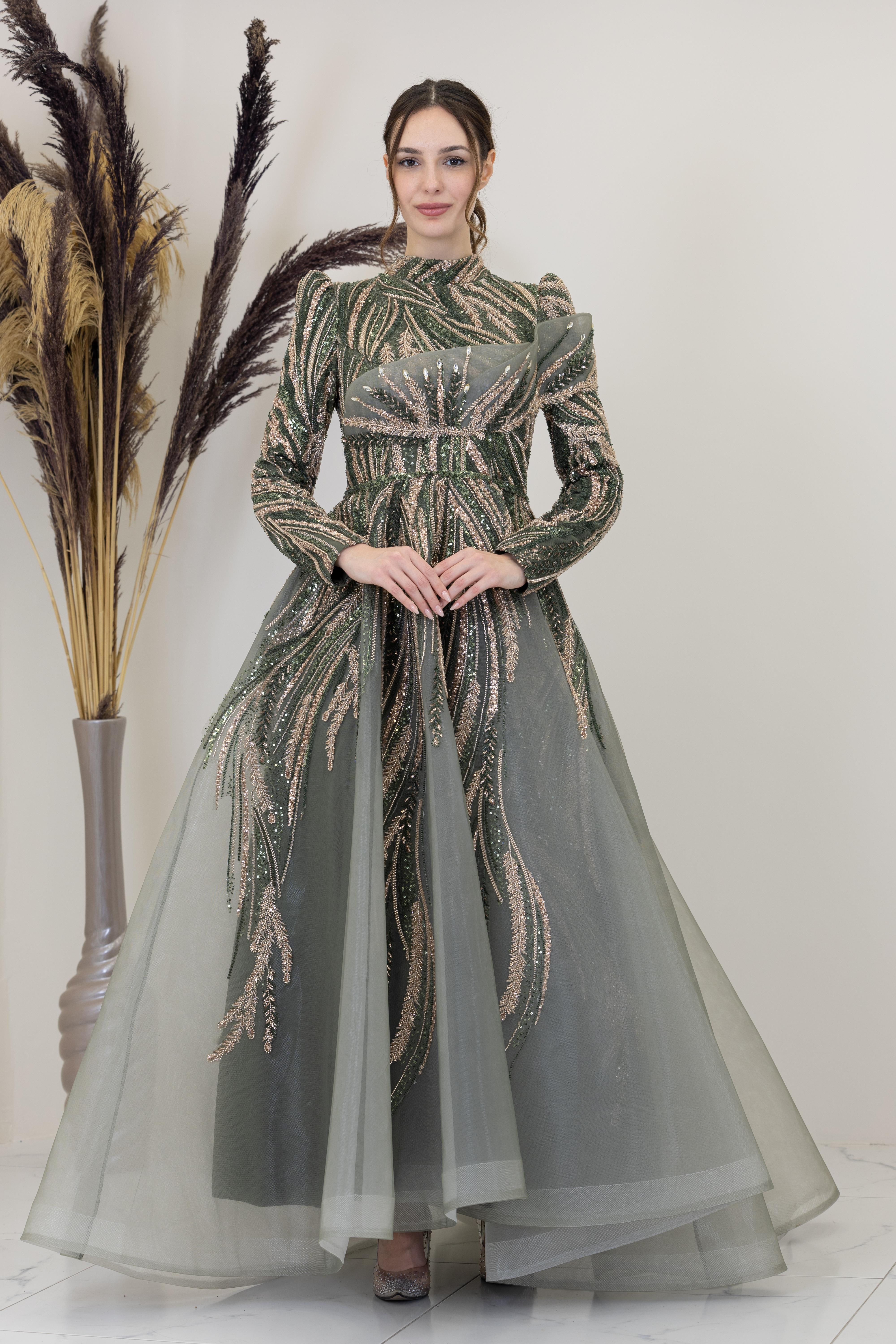 Önü Taşlı Drapeli Yaren Abiye - Haki