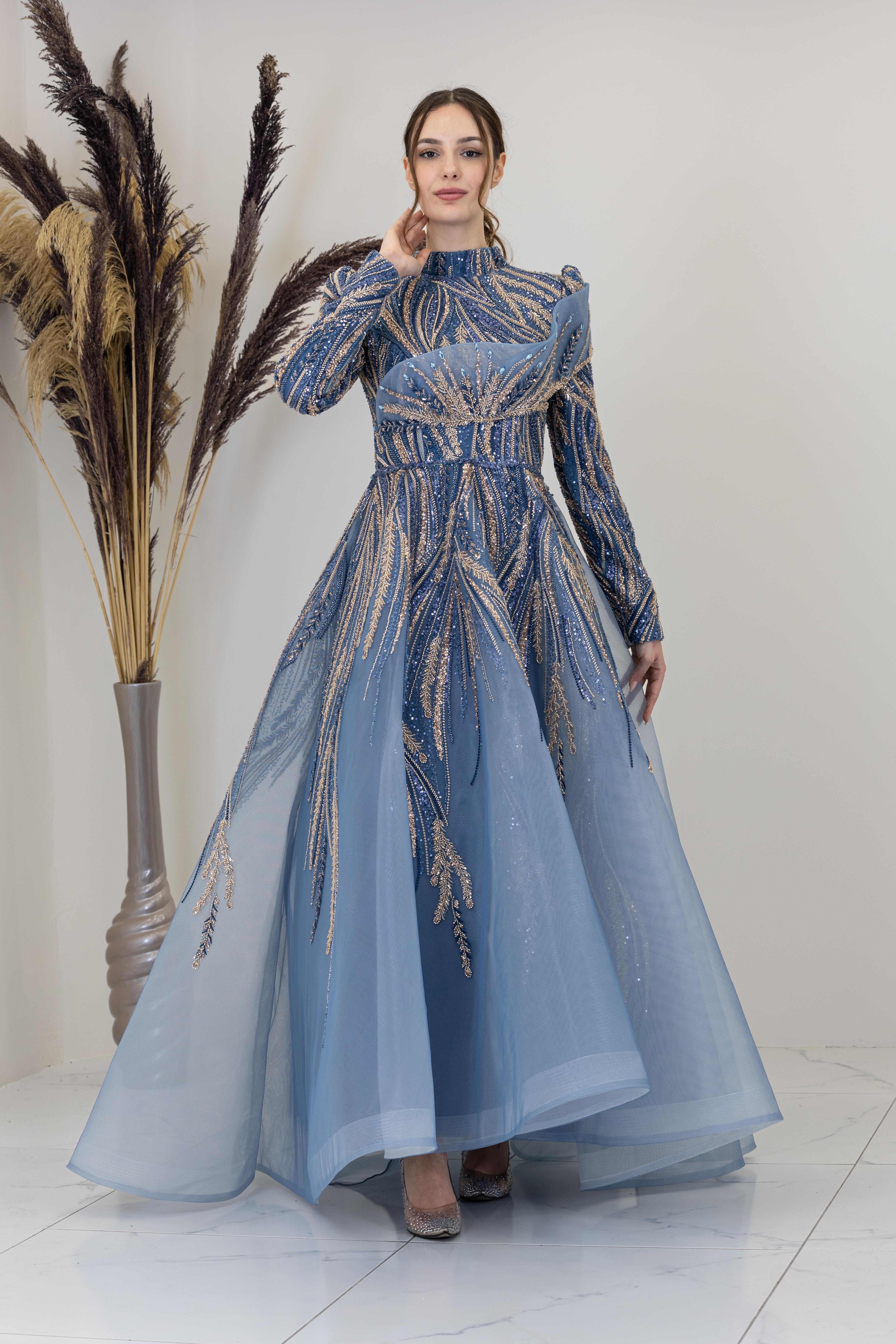 Önü Taşlı Drapeli Yaren Abiye - İndigo