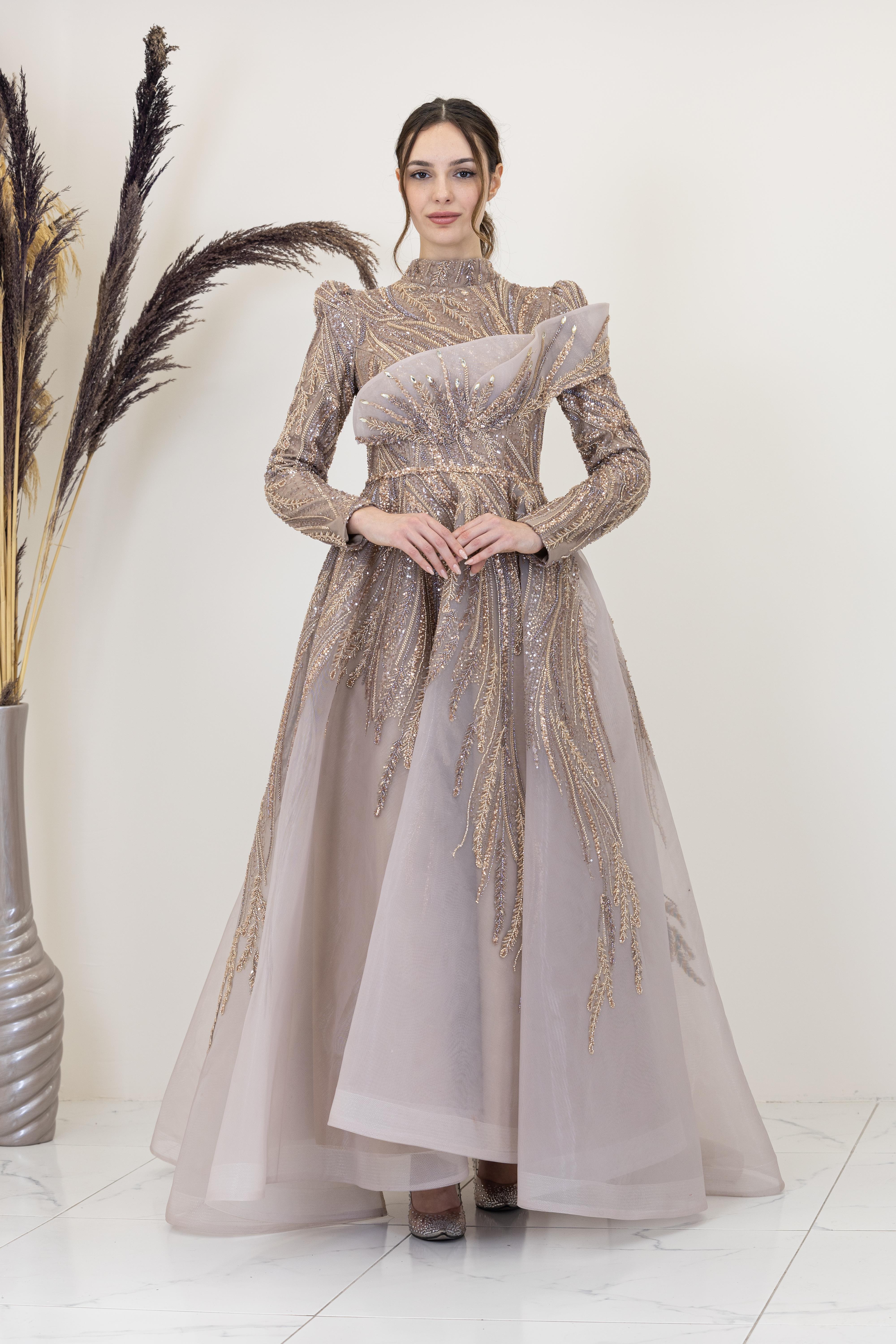 Önü Taşlı Drapeli Yaren Abiye - Vizon