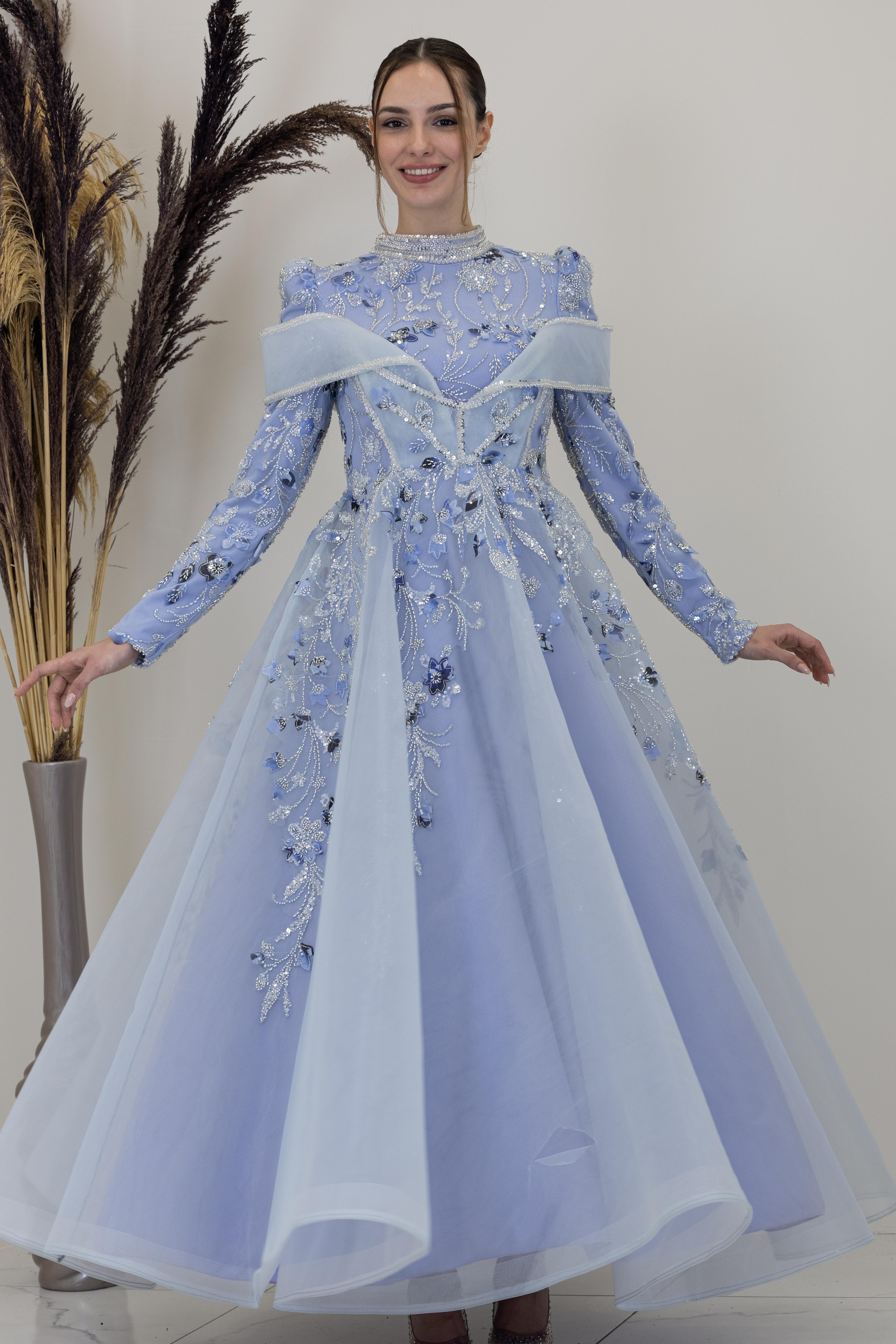 Önü V Aplik İşlemeli Safa Abiye-Mor