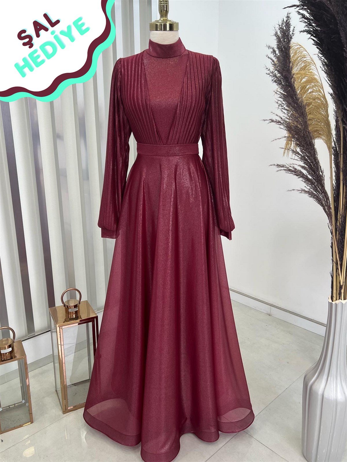 Buse Piliseli Beli Kemerli Tesettür Abiye - Bordo