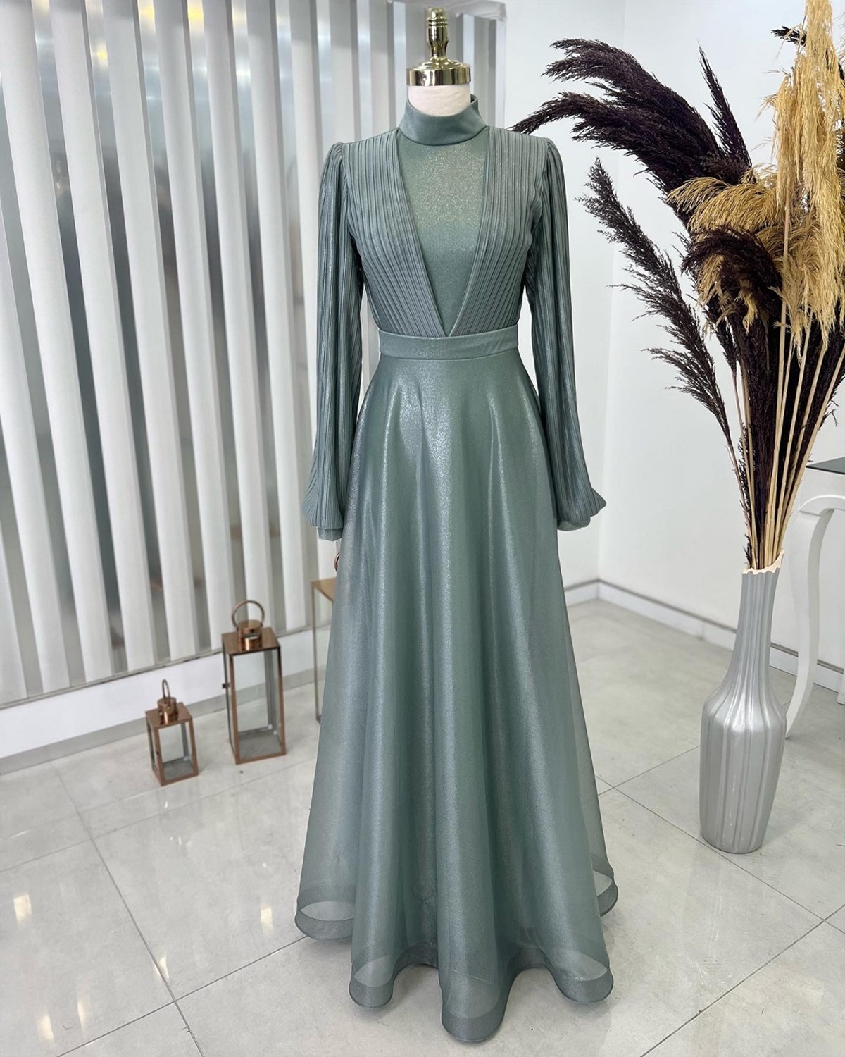 Buse Plined Waist Belt Belt Hidden Zipper Skirt Grainy Hijab Evening Dresses  Mint Green