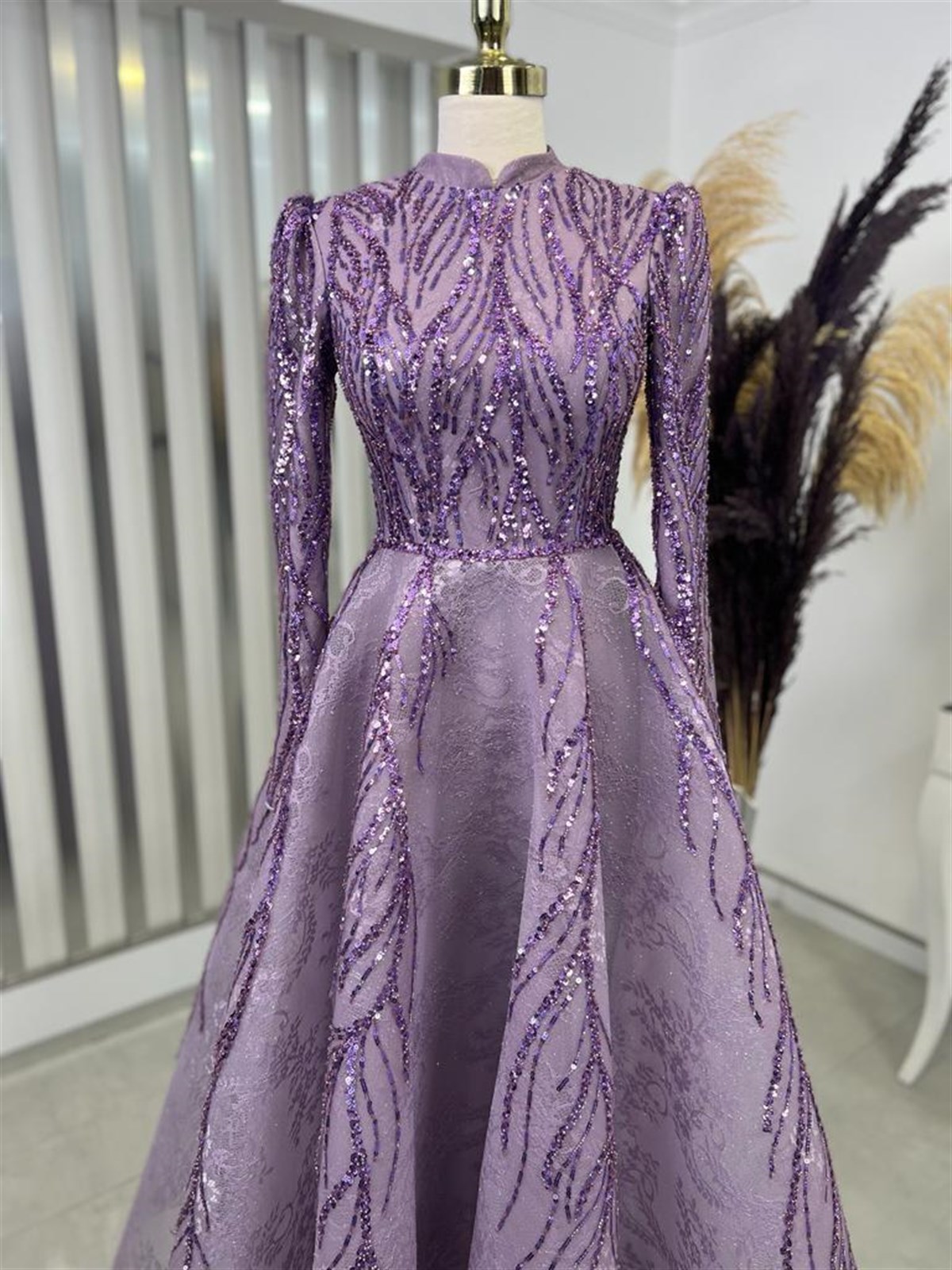 Çırağan Applique Detailed Princess Form Hijab Evening Dress Lilac