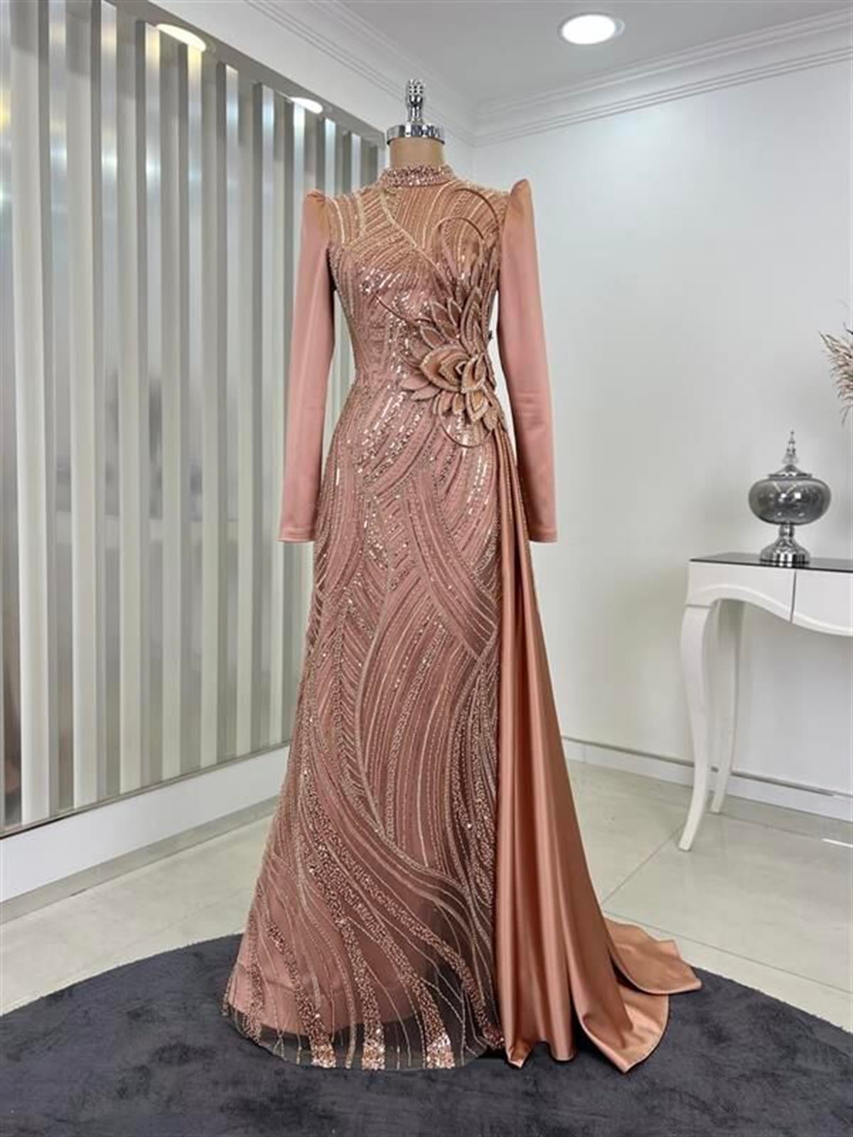 Yaprak Dantelli Beli Çiçek Detaylı Tesettür Abiye Rose