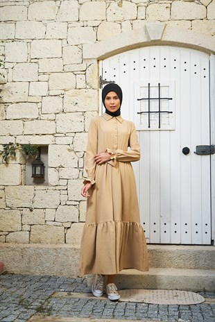 Piennar Vera Büzgülü Elbise Camel
