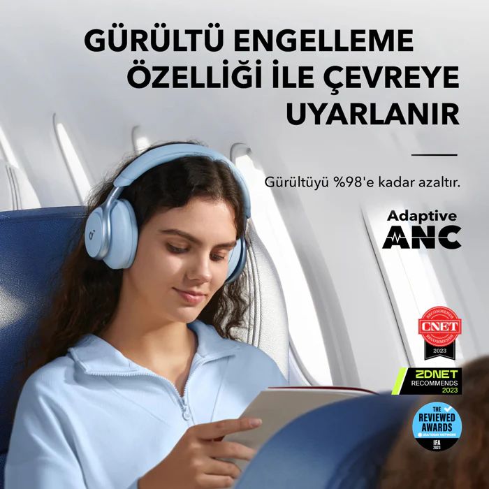 Uyarlanabilir Gürültü Engelleme  %98'e kadar gürültü azaltma*. Çevresel seslere uyum sağlayarak gürültü engellemeyi her yerde en güçlü hale getirir. *Soundcore tarafından laboratuvar koşullarında test edilmiştir.