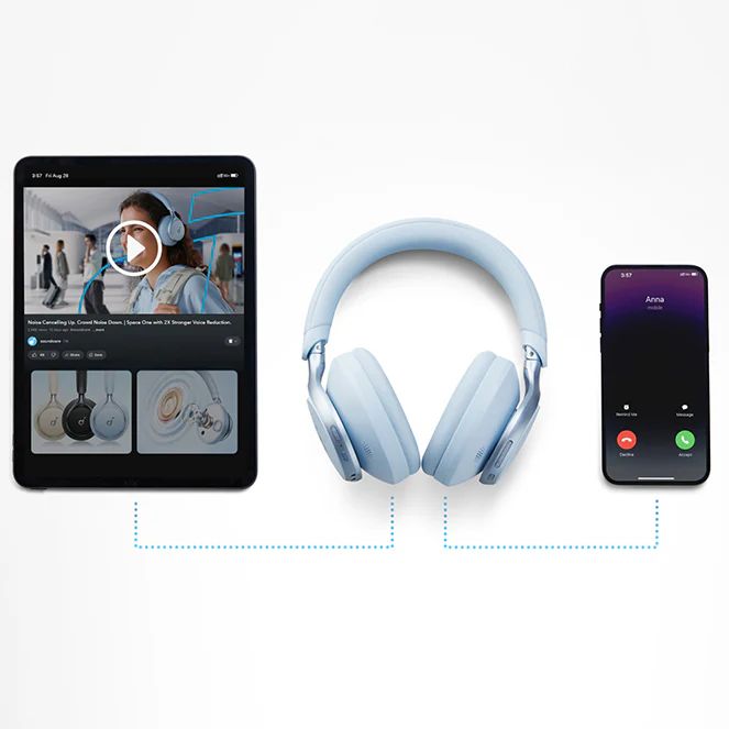 Birden Fazla Cihazla Eşleştirme  Space One'ı birden fazla cihazla kolayca eşleştirerek telefonunuz, dizüstü bilgisayarınız veya tabletiniz arasında sorunsuzca geçiş yapabilirsiniz. Kulaklığınız otomatik olarak ses çalan cihaza geçer."