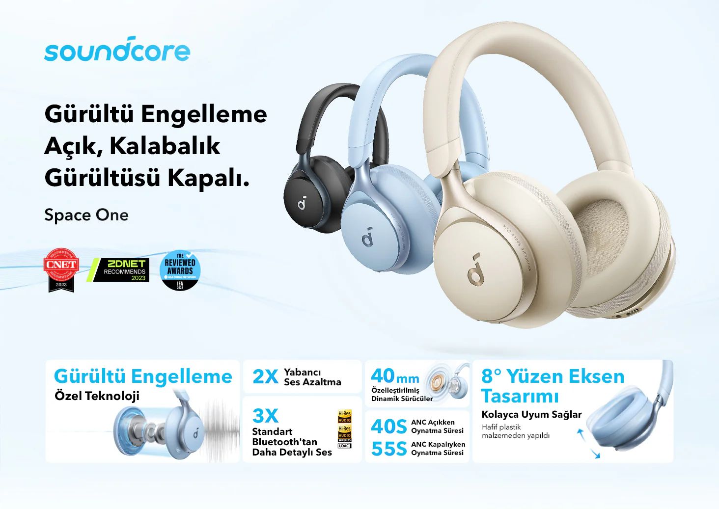 Anker Soundcore Space One, gelişmiş gürültü engelleme özelliği sayesinde dış sesleri büyük ölçüde azaltan, yüksek çözünürlüklü ses kalitesi sunan ve uzun süreli kullanım için tasarlanmış, şık ve konforlu bir kulaklık modelidir. Çevrenizdeki sesi analiz ederek gürültü seviyesini otomatik olarak ayarlar. Hem müzik dinlemek hem de telefon görüşmeleri yapmak için idealdir.