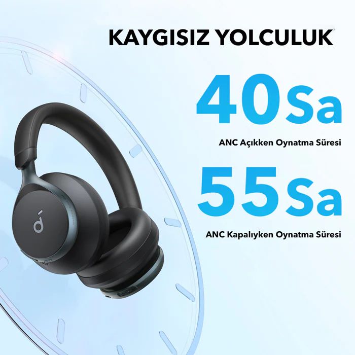 Uzun Süreli Dinleme ve Çalma Süresi  ANC açıkken 40 saat, kapalıyken 55 saat pil ömrüne sahip olan Space One, hızlı şarj desteği sunarak kesintisiz eğlence sunuyor.