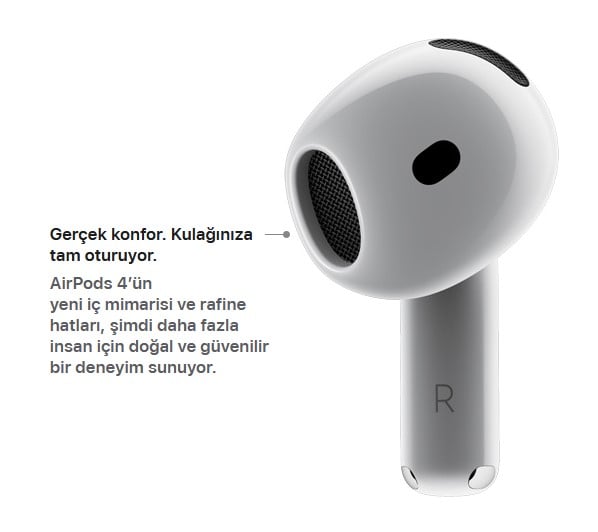   Gerçek konfor. Kulağınıza tam oturuyor.  AirPods 4’ün yeni iç mimarisi ve rafine hatları, şimdi daha fazla insan için doğal ve güvenilir bir deneyim sunuyor.