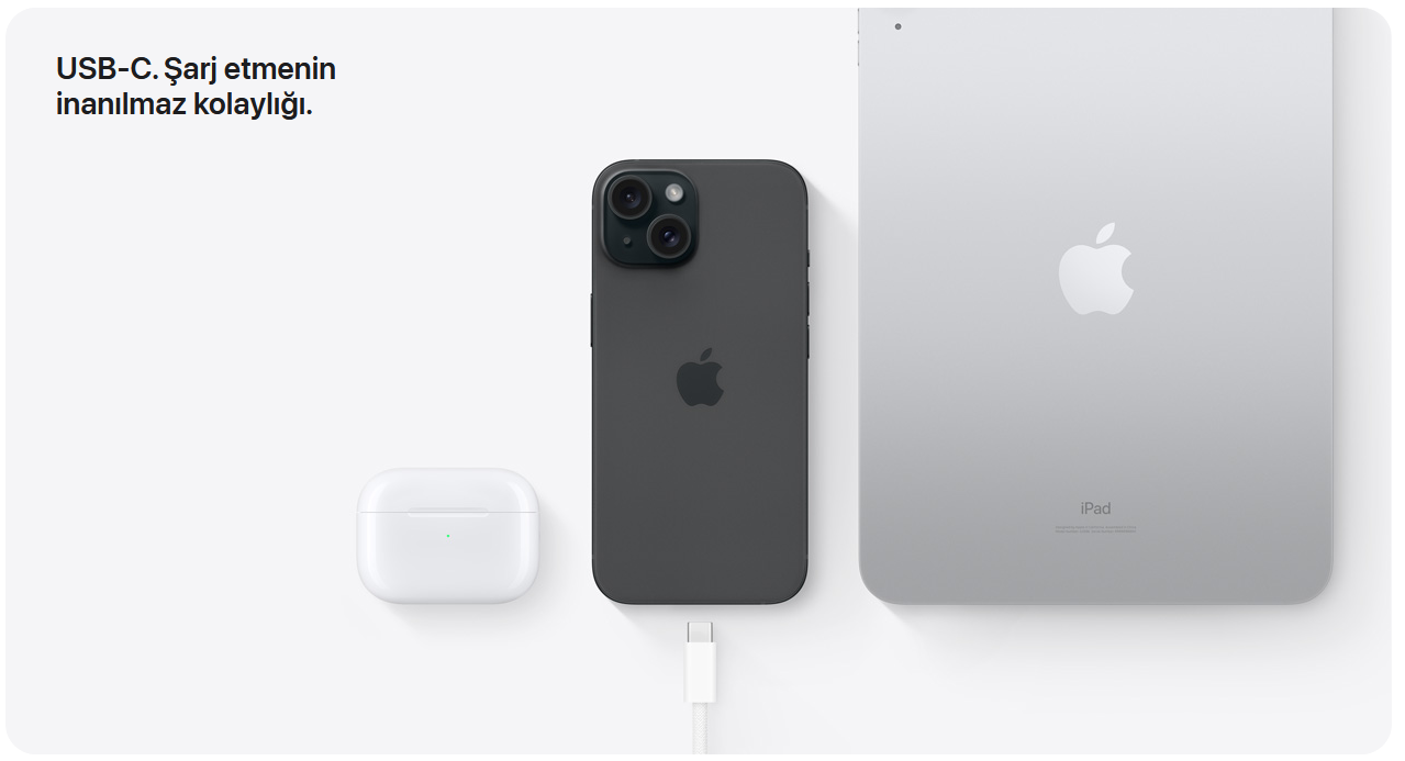USB-C. Herkesle arası iyi.   Yeni USB-C konnectörü sayesinde, Mac'inizi, iPad'ınızı şarj ettiğiniz kablo ile iPhone 15'inizi şarj edebilirsiniz. Hatta iPhone 15'iniz ile Apple watch ve AirPods ürünlerinizi şarj edebilirsiniz. Kablo yığınınından kurtulun.