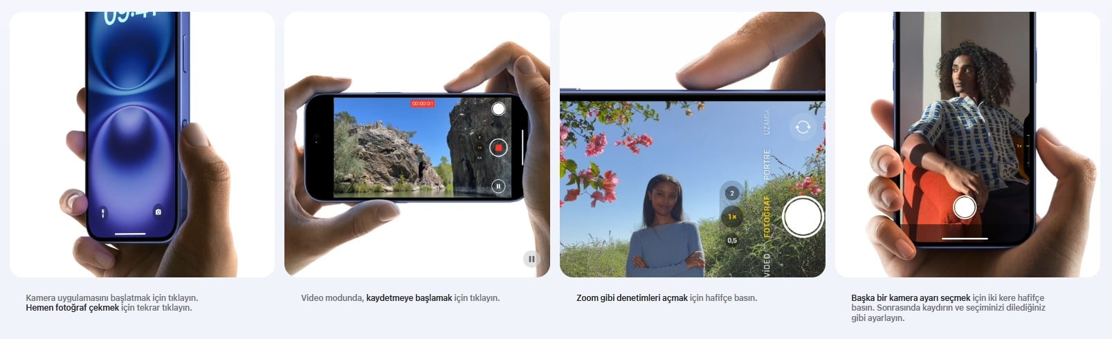 Şimdi çok kısa sürede kusursuz fotoğraflar ve videolar çekebiliyorsunuz. Kamera Denetimi, kamera araçlarına hızlıca erişmenin daha kolay bir yolunu sunuyor. Pozlama ve alan derinliği gibi kamera işlevlerini ayarlamak, lensler arasında geçiş yapmak veya dijital zoom özelliğini kullanarak kadrajınızı tam istediğiniz gibi belirlemek için tek yapmanız gereken parmağınızı kaydırmak.