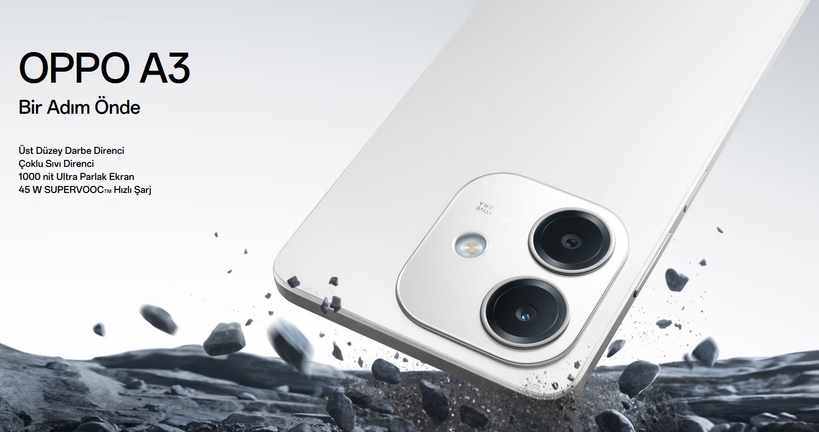 OPPO A3 OPPO A3 Bir Adım Önde Üst Düzey Darbe Direnci Çoklu Sıvı Direnci 1000 nit Ultra Parlak Ekran 45 W SUPERVOOCTM Hızlı Şarj