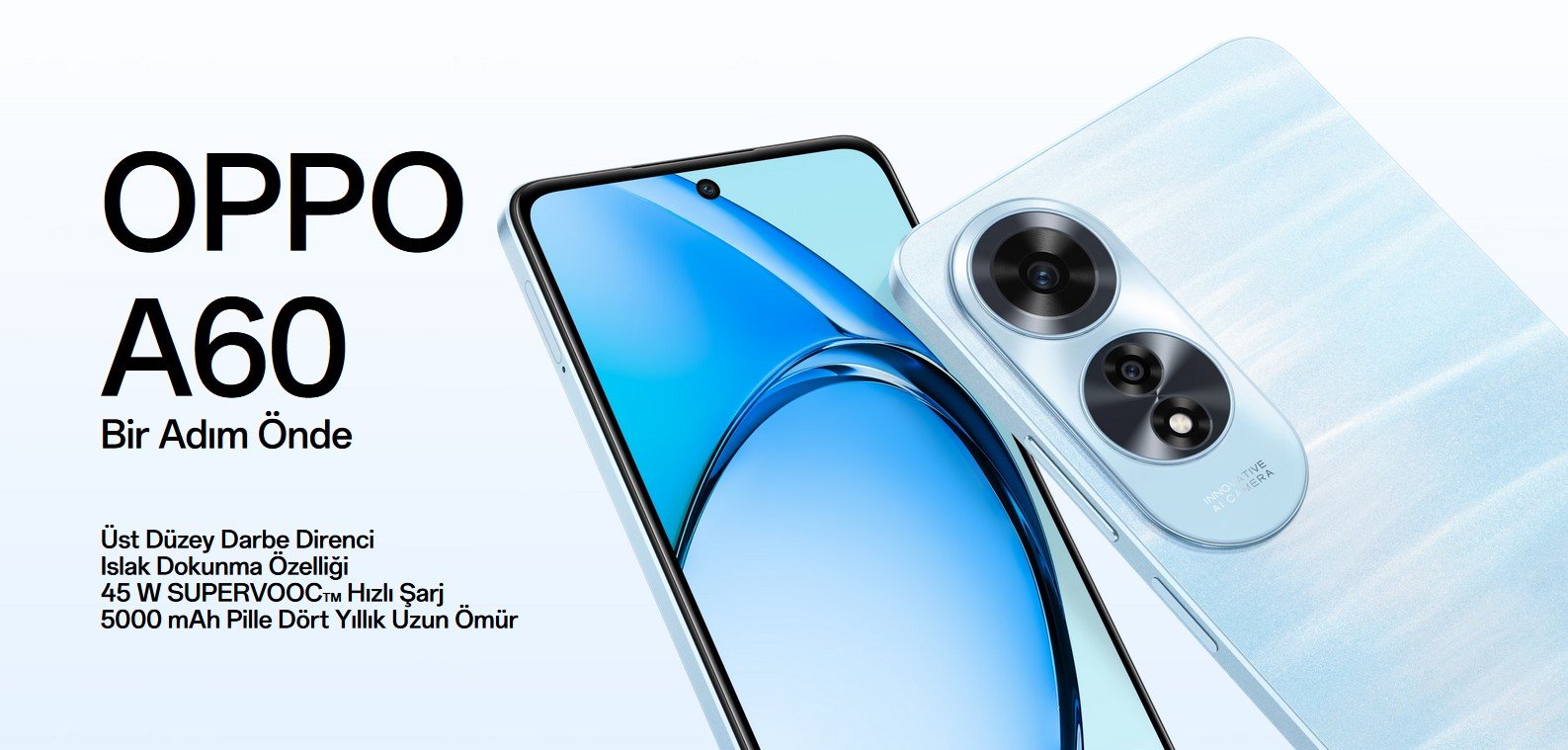   OPPO A60  Bir Adım Önde  Üst Düzey Darbe Direnci  Islak Dokunma Özelliği  45 W SUPERVOOCTM Hızlı Şarj  5000 mAh Pille Dört Yıllık Uzun Ömür