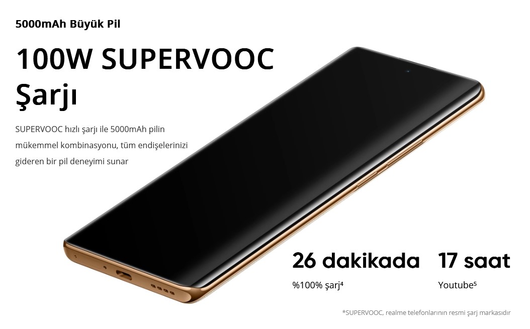 Şarj konusunda 100W SUPERVOOC Şarjı ve 5000mAh büyük pil kombinasyonu, uzun süreli kullanım için güçlü bir enerji sağlar.