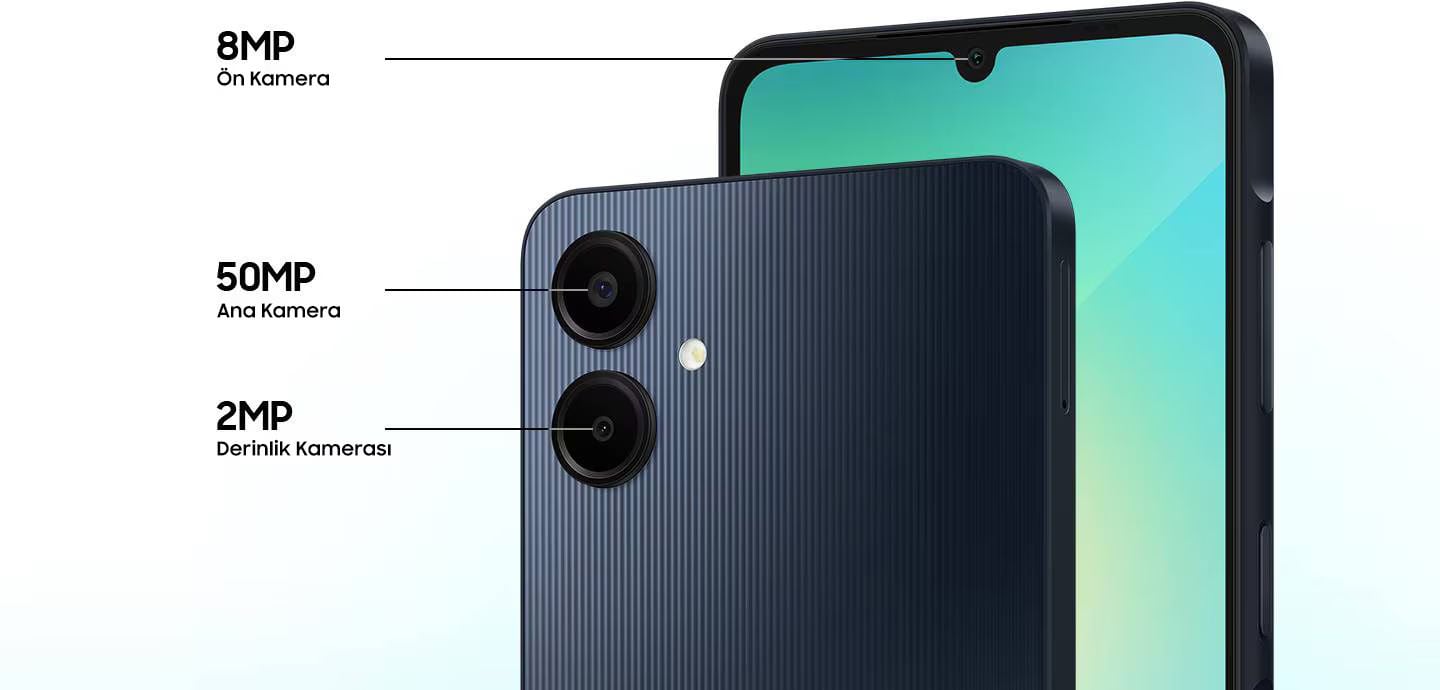  Hayatı yüksek çözünürlükte yakalayın  Galaxy A06 ile 50 MP kameranın gücünü keşfedin. Daha fazla boyut sunan 2 MP Derinlik Kamerası ile çarpıcı, kaliteli fotoğraflar çekin. 8 MP ön kamera, kusursuz çekimler yapmanızı sağlayarak fotoğrafçılık ihtiyaçlarınızı tamamlar.