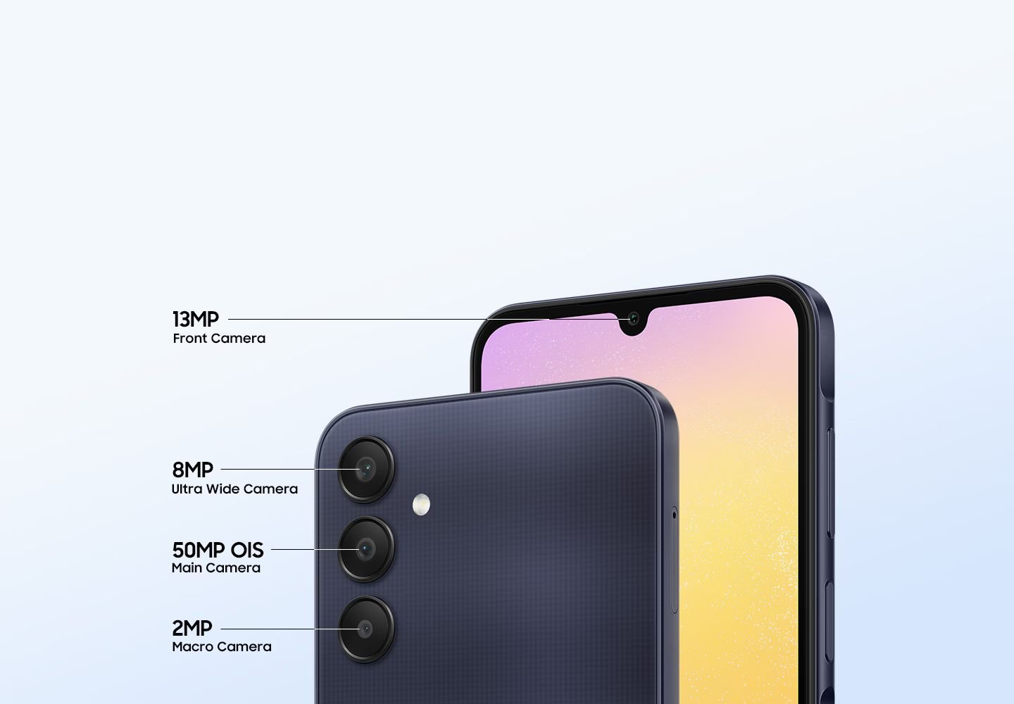  Birden fazla kamerayla sinematik bir deneyim * OIS: Optik Görüntü Sabitleme. The front and back of the Galaxy A25 5G are shown to showcase its four multiple cameras including the 13MP Front Camera, the 8MP Ultra Wide Camera, the 50MP OIS Main Camera and the 2MP Macro Camera. The front and back of the Galaxy A25 5G are shown to showcase its four multiple cameras including the 13MP Front Camera, the 8MP Ultra Wide Camera, the 50MP OIS Main Camera and the 2MP Macro Camera. Sabit çekim videolar, akıcı hareketler  Ayaklarınız yere sağlam basacak. 500 Hz’lik büyüleyici hareket örnekleme hızı sunan Optik Görüntü Sabitleyici (OIS) ve VDIS videolarınızı sabitler. Böylece hareket halindeyken veya zorlu arazilerde çekim yaparken videolarınıza kolayca sinematik bir hava katabilirsiniz.