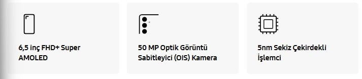 6,5 inç FHD+ Super AMOLED The front and back of the Galaxy A25 5G are shown to showcase its four multiple cameras including the 13MP Front Camera, the 8MP Ultra Wide Camera, the 50MP OIS Main Camera and the 2MP Macro Camera.  50 MP Optik Görüntü Sabitleyici (OIS) Kamera Text inside a cube reads '5nm Octa Core'. Below it in larger letters reads '5G'. Beams of light all merge into the center of the cube. 6GB/8GB Memory, 128GB/256GB Storage.  5nm Sekiz Çekirdekli İşlemci