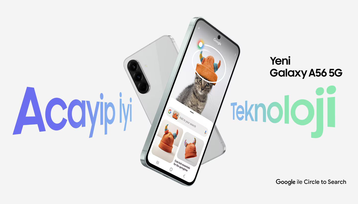  Yepyeni bir görünüm  Karşınızda Galaxy A56 5G. 7,4 mm kalınlığa ve 198 g ağırlığa sahip Galaxy A56 5G kolay bir tutuş sağlar. Gelişmiş kameraları, yeni doğrusal tasarıma uyacak şekilde gruplandırılmıştır. Galaxy A56 5G Antrasit, Gri, Yeşil ve Açık Pembe olmak üzere dört renk seçeneği ile sunulmaktadır.