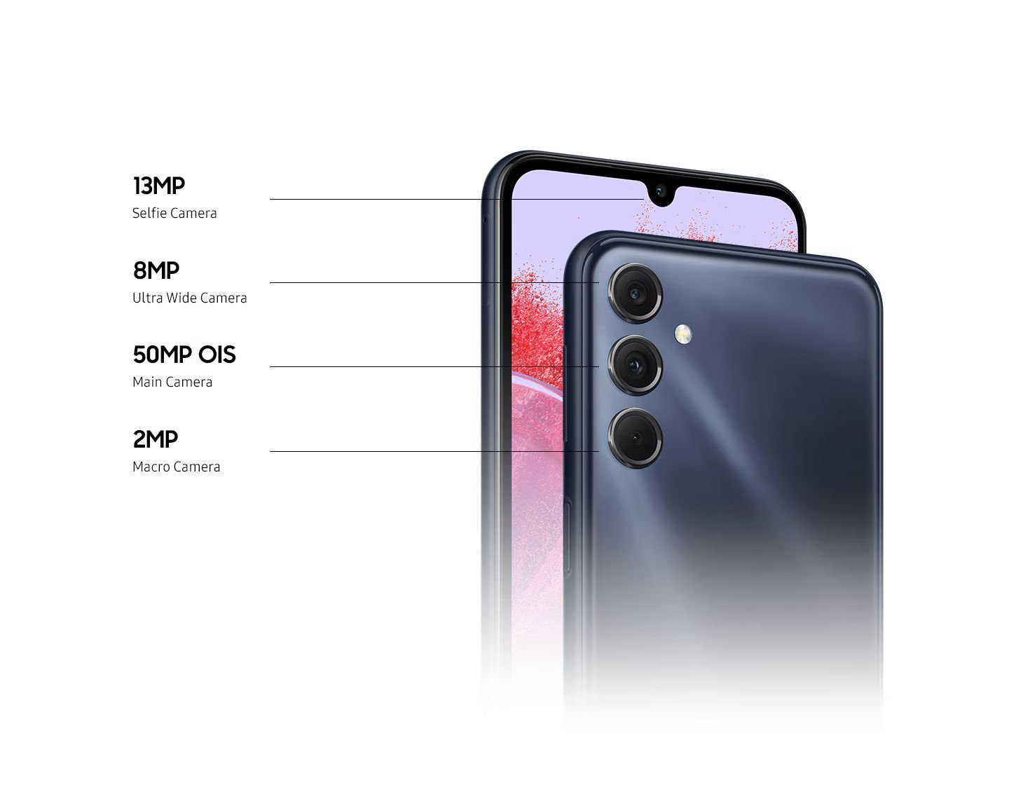  Çok yönlü bir görüş  Galaxy M15 5G’de; profesyonel düzeyde çekimler için 50 MP Geniş Açılı Kamera, manzara çekimleri ve yakın çekimler için 5 MP Ultra Geniş Açılı Kamera ve 2 MP Makro Kamera ve paylaşmaya değer selfie’ler için 13 MP Selfie Kamerası bulunuyor.