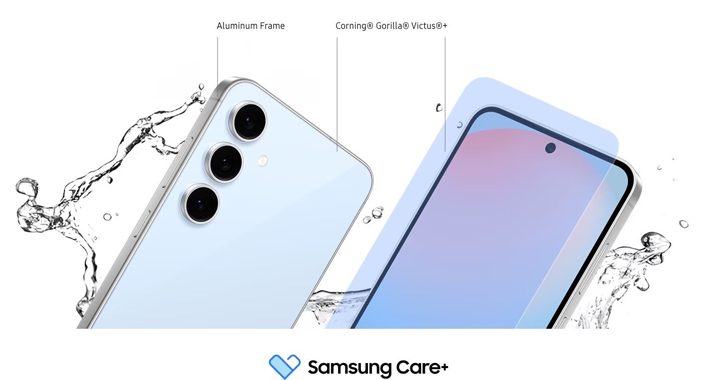  Dayanıklı tasarım  Telefon, ön ve arka kısmı koruyan Corning® Gorilla® Glass Victus®+ ile dayanıklılık sunmak üzere tasarlandı. Ayrıca, IP68 sınıfı derecelendirmesiyle toza ve suya karşı dayanıklılık sunuyor.