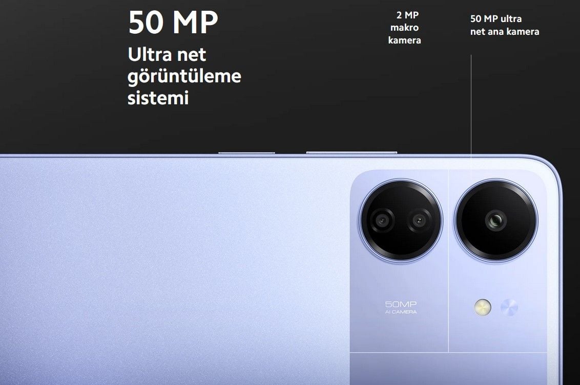 ### Poco C65 Kamera Özellikleri  Poco C65, çoklu kamera sistemi ile donatılmıştır. Arka tarafta yüksek çözünürlüklü ana kamera, net ve canlı fotoğraflar çekmenizi sağlar. Ekstra lensler, geniş açılı ve makro çekimler için farklı modlar sunarak yaratıcılığınızı artırır. Ön kamerası ise selfie çekimlerinde ve video görüşmelerde iyi sonuçlar verir. Kullanıcı dostu arayüzü ve çeşitli çekim modları sayesinde, Poco C65 ile her anı kolayca yakalayabilirsiniz.