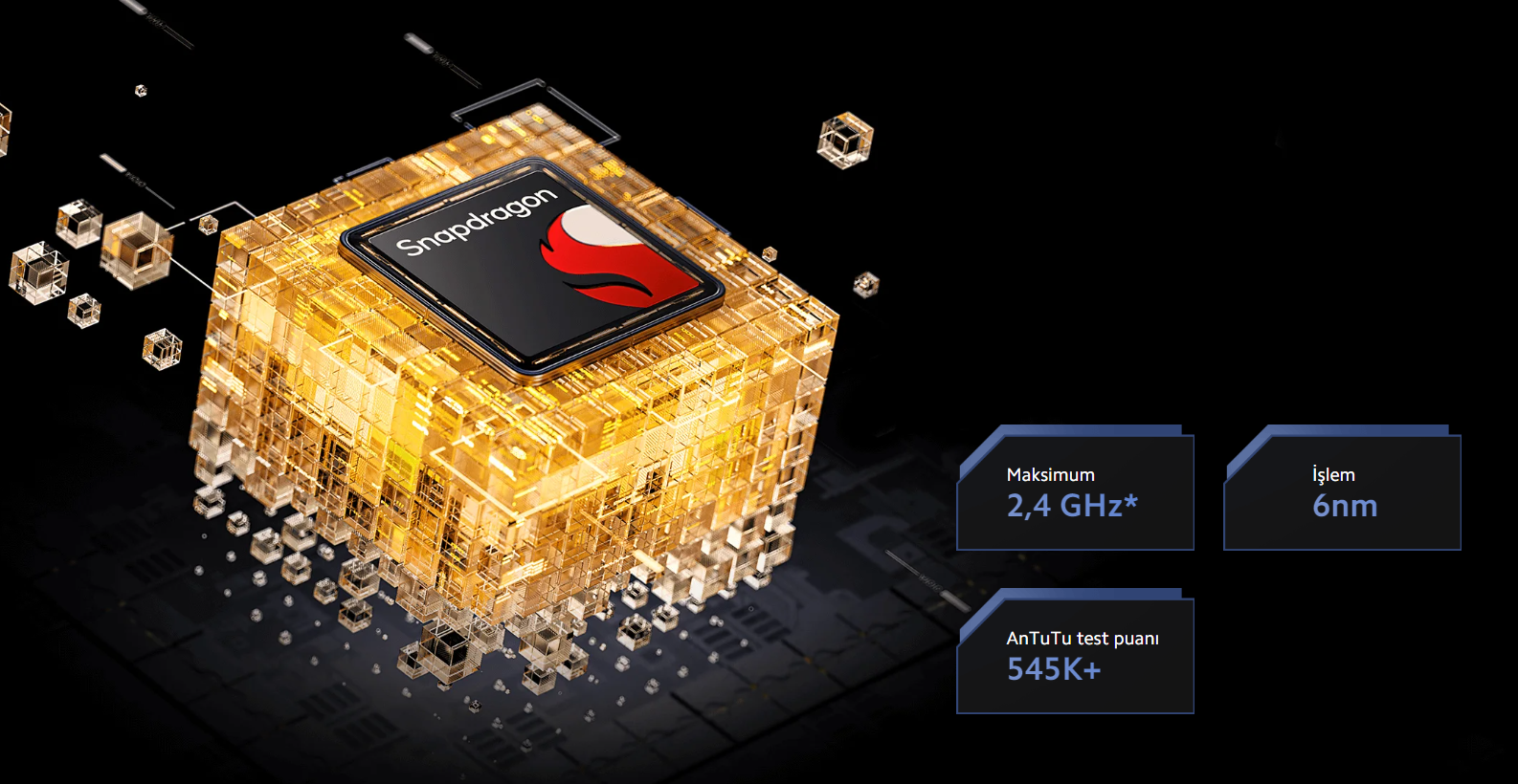 Snapdragon® 778G 6 nm 5G güçlü çekirdek  Snapdragon 778G, 6 nm işlem teknolojisi ve dört çekirdekli ARM Cortex-A78 mimarisi ile güçlü bir işlemci olarak öne çıkıyor. Entegre X53 5G modem, küresel 5G ağlarına destek sağlar. Bu işlemci, güçlü çekirdek performansıyla hızlı ve verimli bir deneyim sunmayı hedefler. 