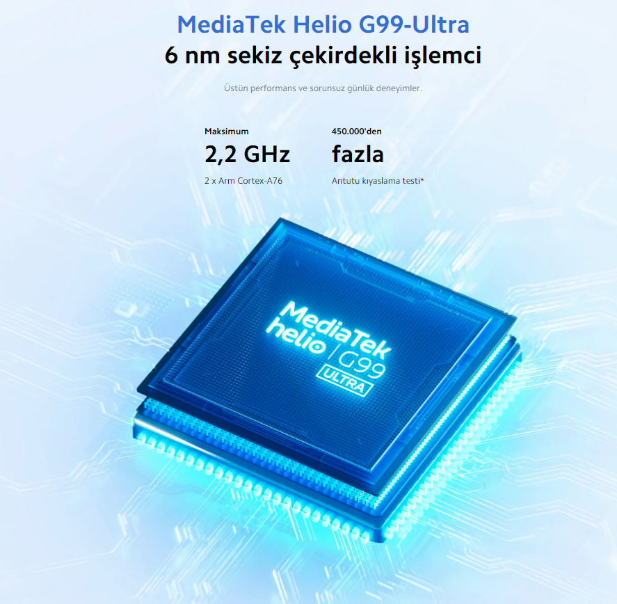 MediaTek Helio G99-Ultra 6 nm sekiz çekirdekli işlemci Üstün performans ve sorunsuz günlük deneyimler.