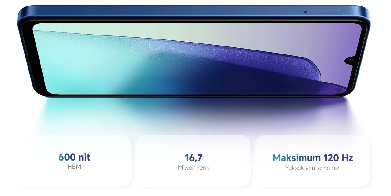6,88 inç sinematik ekran Etkileyici geniş ekran Redmi Serisinin ilk 6,88 inç ekranında en sevdiğiniz içerikleri daha sinematik ve etkileyici bir görünümle izleyin. 120 Hz'ee kadar otomatik ayarlanan yüksek yenileme hızına sahip Redmi 14C, görsel deneyiminizi bir üst seviyeye taşır.