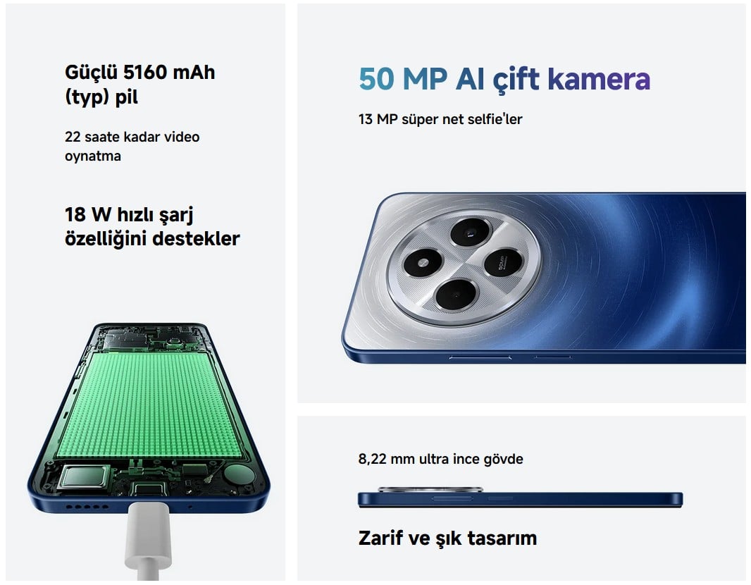 Güçlü 5160 mAh (typ) pil 22 saate kadar video oynatma, 50 Mp ai Kamera