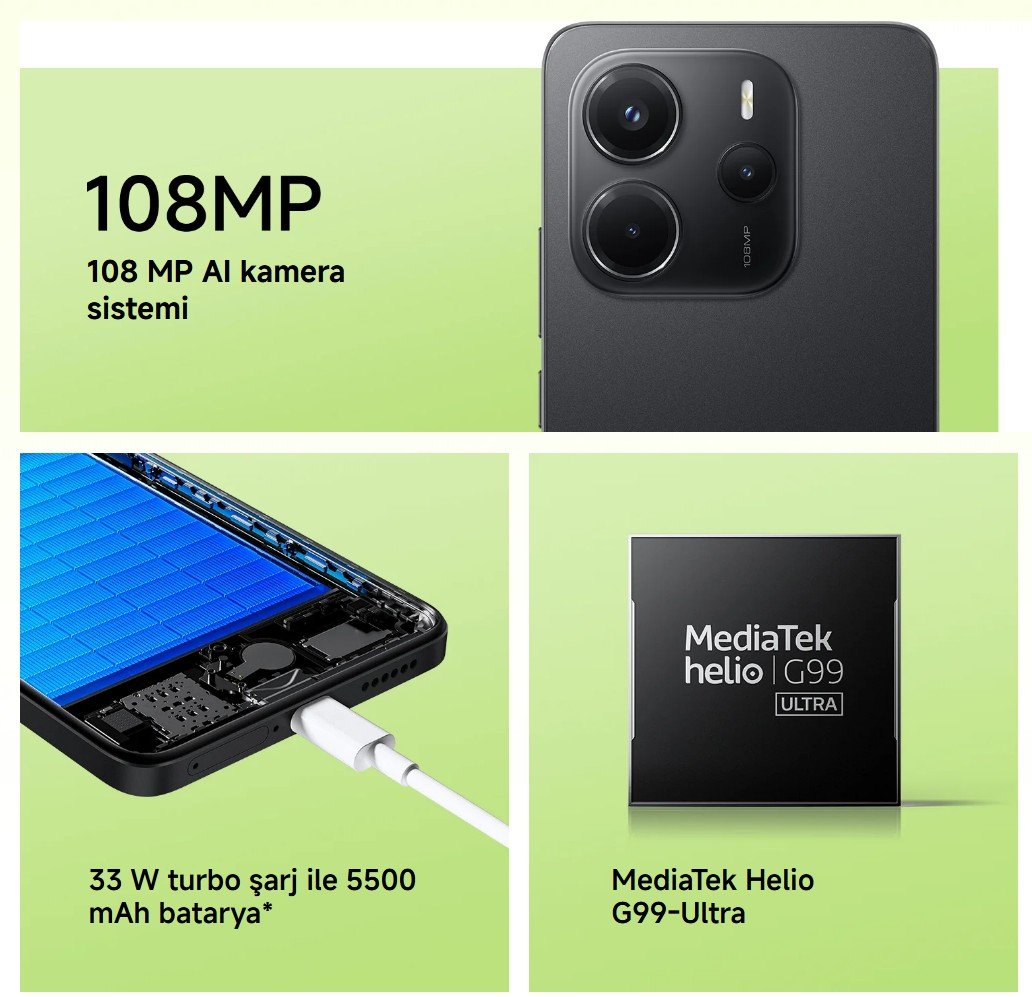 108 MP AI kamera sistemi Redmi Note 14 33 W turbo şarj ile 5500 mAh batarya* Redmi Note 14 MediaTek Helio G99-Ultra