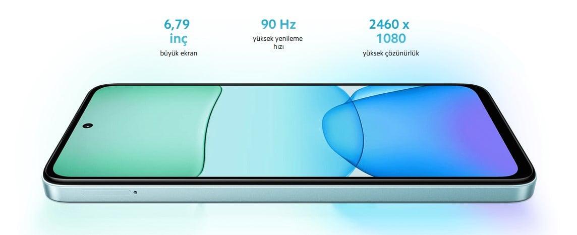 Etkileyici 6,79 inç 90 Hz ekran Islanmaya duyarlı dokunmatik teknoloji Redmi 13, film izlerken, sosyal medyada veya internette gezinirken mükemmel bir izleme deneyimi sunan 6,79 inç sürükleyici 90 Hz AdaptiveSync ekrana sahiptir. Otomatik ayarlanan yenileme hızı, pil ömrünü uzatırken görsel deneyiminizi optimize etmeye yardımcı olur. Redmi 13, dokunmanın daha iyi tanınması ve kontrol edilmesi için optimize edilmiştir; bu sayede sudan kaynaklanan istenmeyen tetikleyiciler önlenmiş olur.