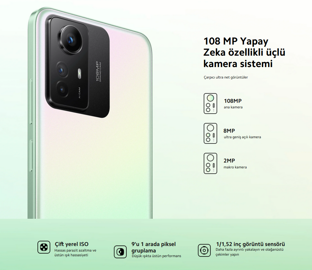 Redmi Note 12S'in kamerası şu özellikleri sunuyor:      108 MP Ana Kamera: Net ve detaylı fotoğraflar için güçlü bir ana kamera.     8 MP Ultra Geniş Açılı Kamera: Geniş manzaraları muazzam bir şekilde yakalamak için ideal.     2 MP Makro Kamera: Yakın çekimlerde şaşırtıcı sonuçlar elde etmek mümkün.  Ayrıca, düşük ışıkta üstün performans, çift yerel ISO ve büyük görüntü sensörü ile olağanüstü çekim deneyimleri sunuyor.