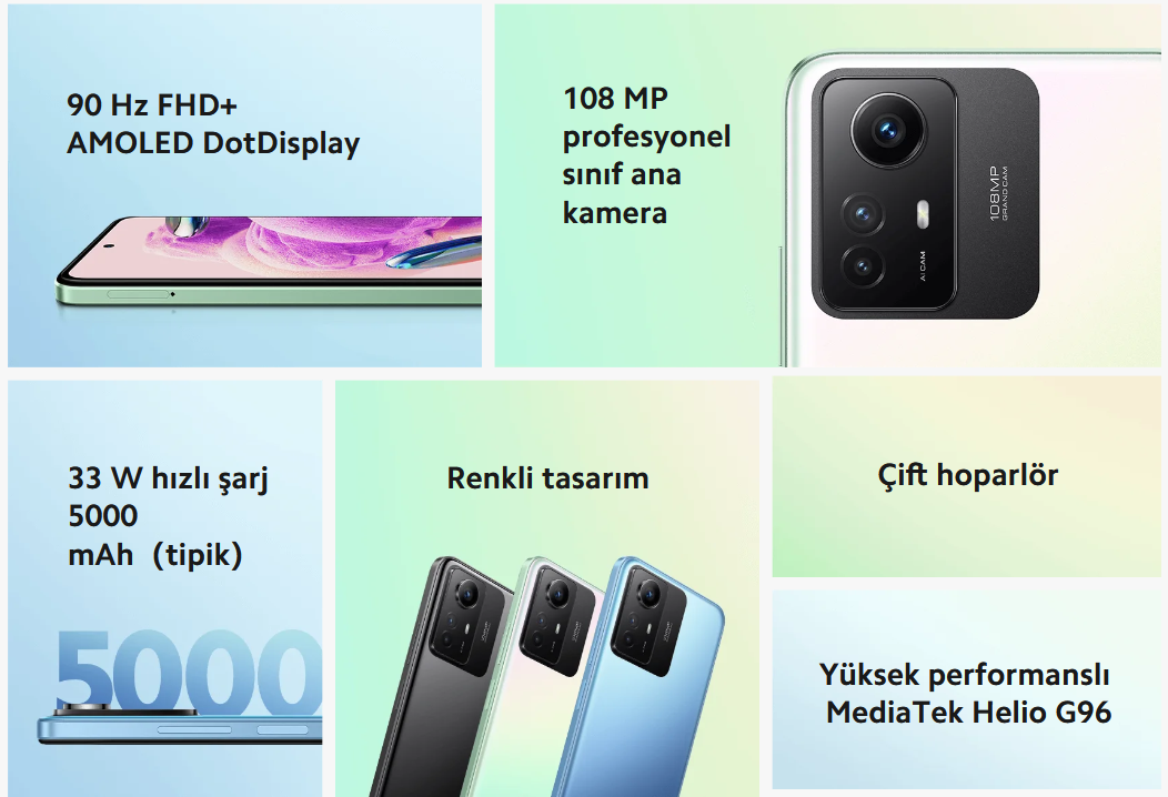  108 MP'lik muazzam kamerası ile her anı yakalayabilir ve 90 Hz ekranı sayesinde olağanüstü bir görsel deneyim yaşayabilirsiniz. Güçlü MediaTek Helio G96 işlemcisi ve 5000 mAh pil, telefonunuzu günlük zorluklara hazır hale getiriyor. Estetik tasarımı ve üç farklı renk seçeneğiyle Redmi Note 12S, kişisel tarzınıza uygun bir telefon arayanlara hitap ediyor. Ek olarak, çift stereo hoparlör sistemi ve çeşitli fotoğrafçılık özellikleriyle, sadece bir telefon değil, yaşamınızı renklendiren bir arkadaş ediniyorsunuz.